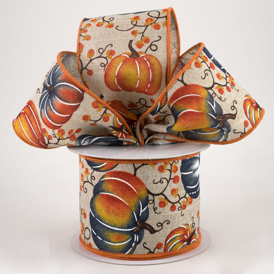 2.5" Pumpkins Bittersweet Ribbon: Light Natural, Orange, Smoke Blue (10 Yards) Lifestyle Photo