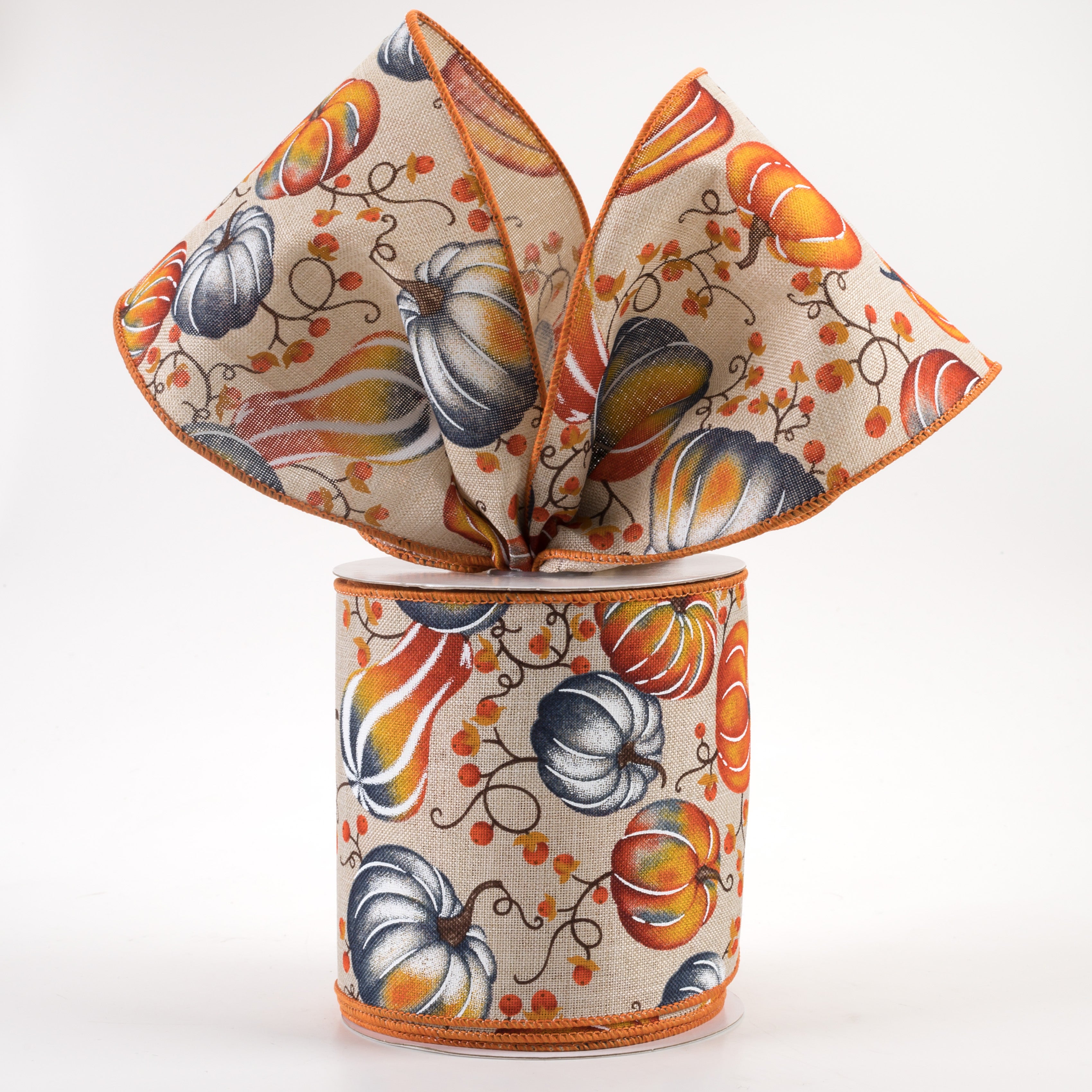 4" Pumpkins Bittersweet Ribbon: Light Natural, Orange, Smoke Blue (10 Yards) Lifestyle Photo