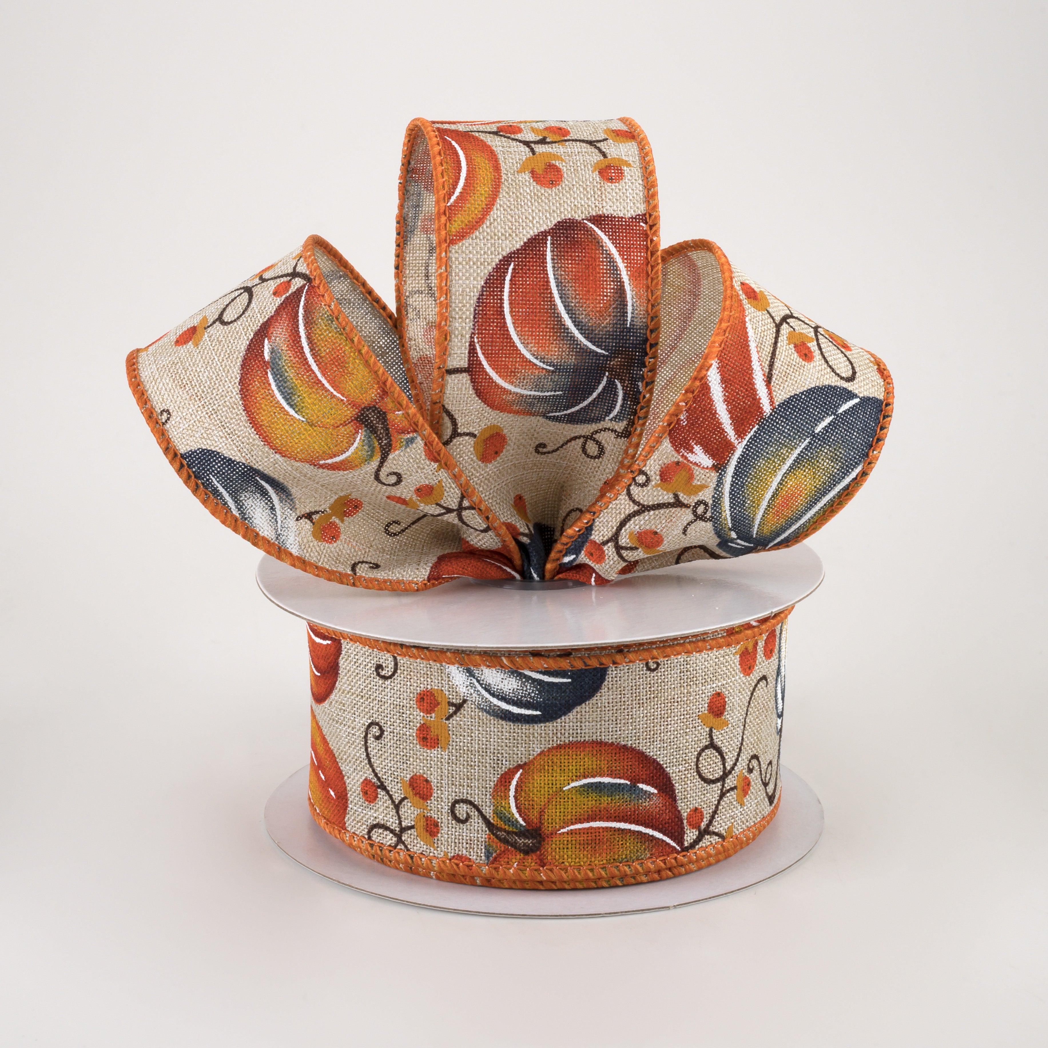 1.5" Pumpkins Bittersweet Ribbon: Light Natural, Orange, Smoke Blue (10 Yards) Lifestyle Photo