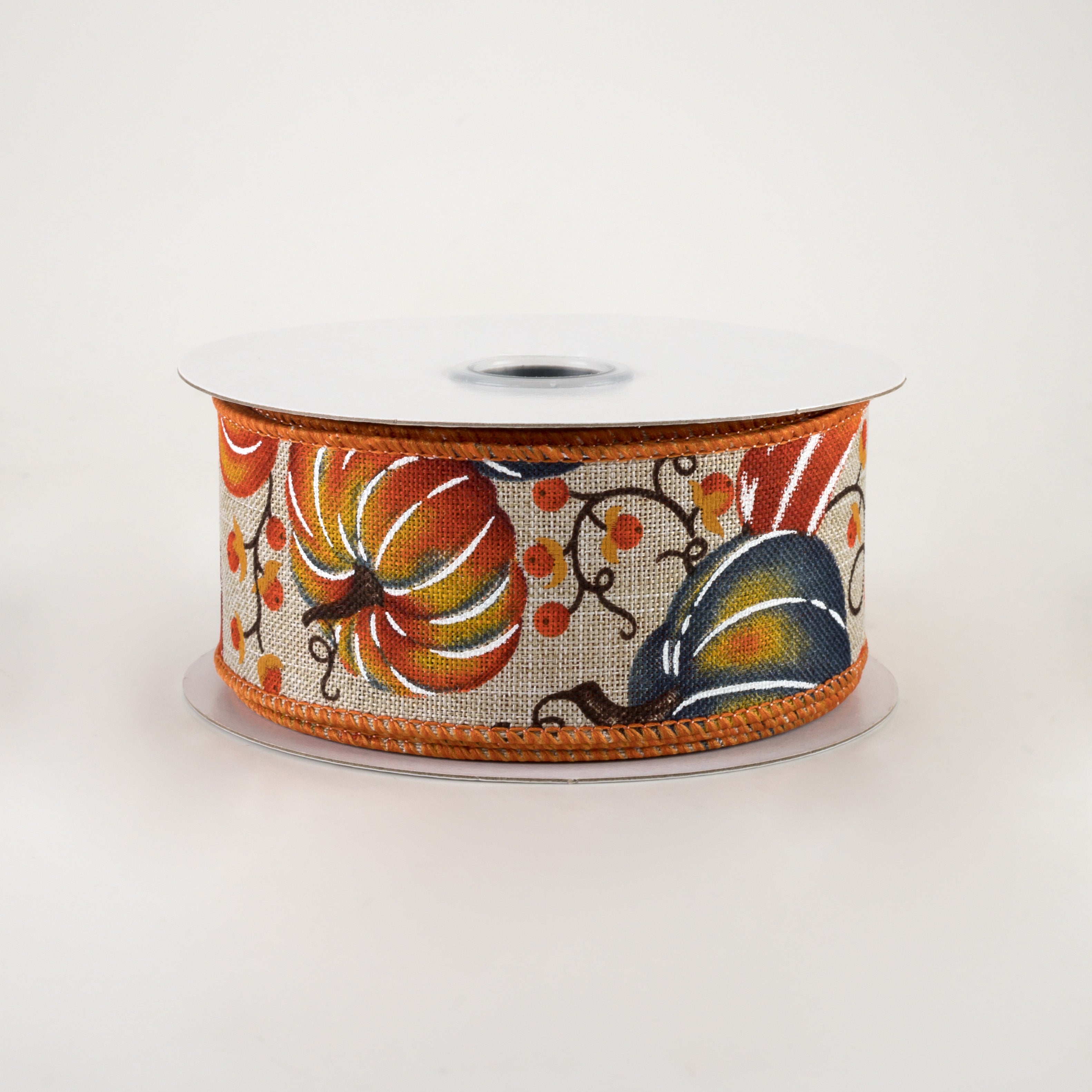 1.5" Pumpkins Bittersweet Ribbon: Light Natural, Orange, Smoke Blue (10 Yards)