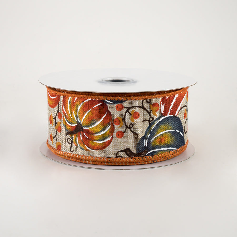 1.5" Pumpkins Bittersweet Ribbon: Light Natural, Orange, Smoke Blue (10 Yards)
