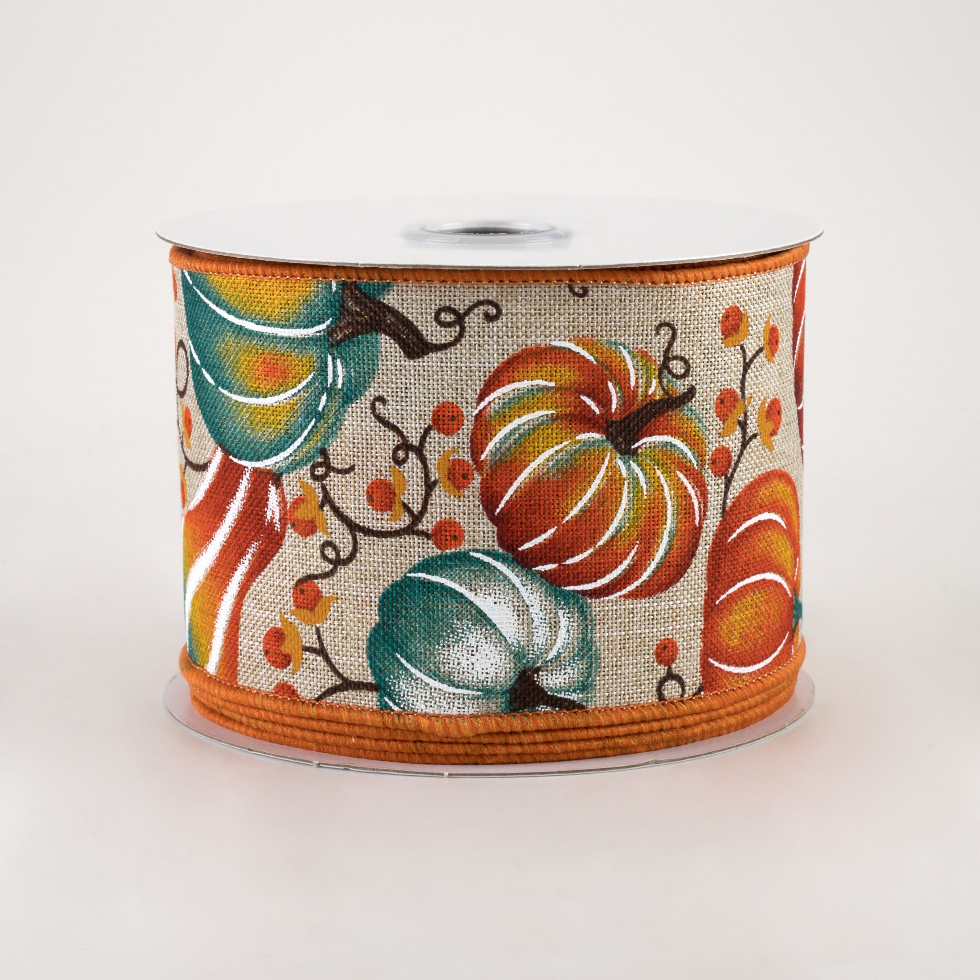 2.5" Pumpkins Bittersweet Ribbon: Light Natural, Orange, Teal (10 Yards)