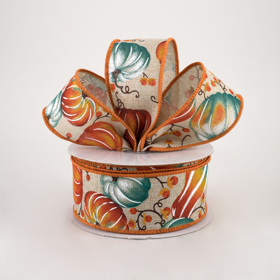 1.5" Pumpkins Bittersweet Ribbon: Light Natural, Orange, Teal (10 Yards) Lifestyle Photo