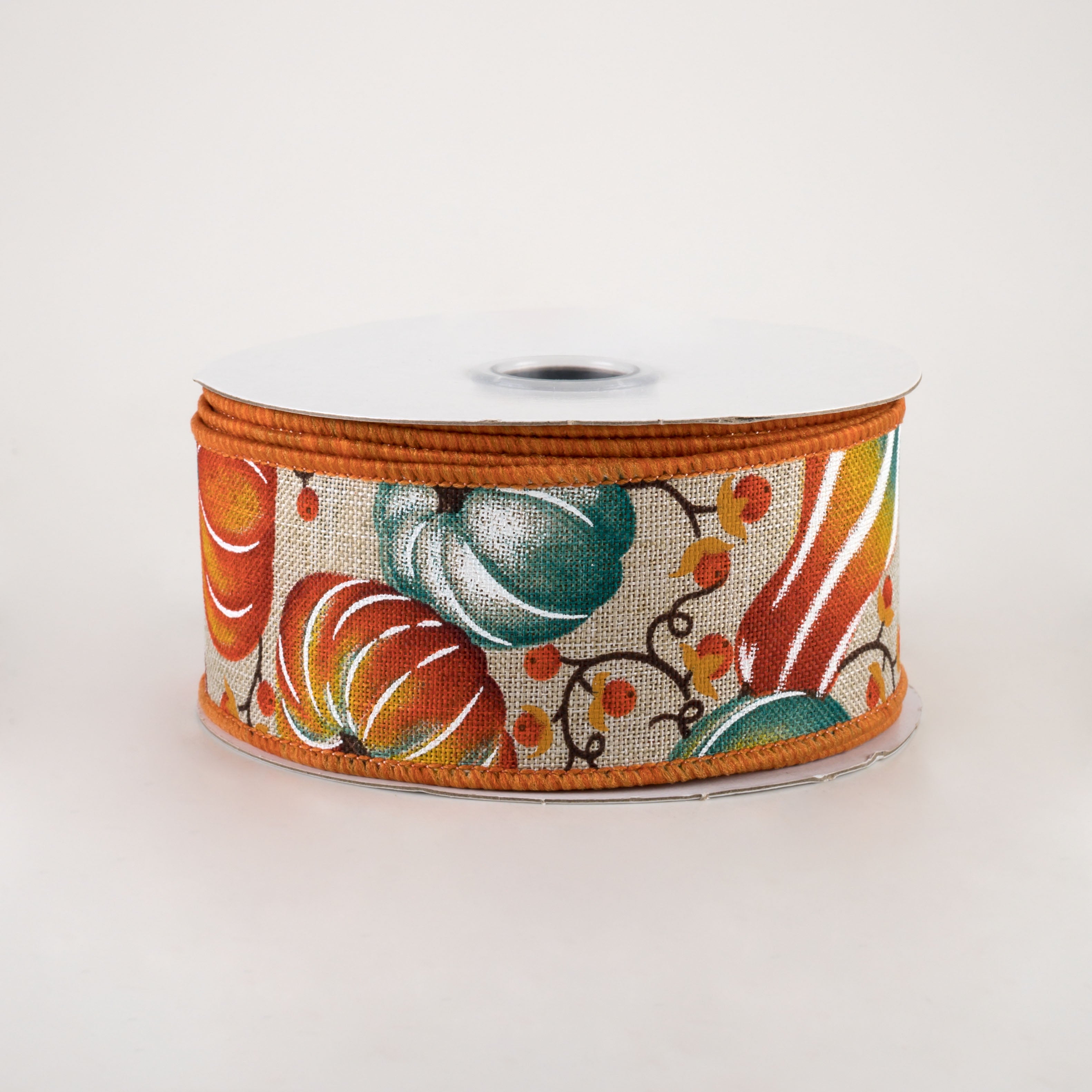 1.5" Pumpkins Bittersweet Ribbon: Light Natural, Orange, Teal (10 Yards)