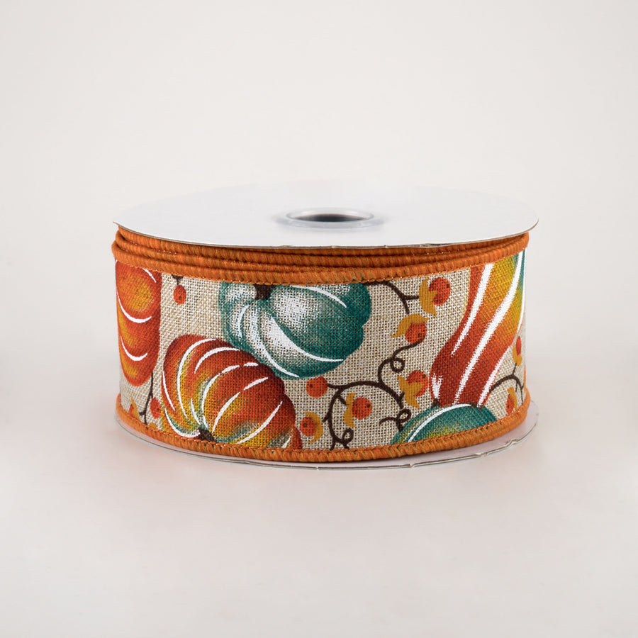 1.5" Pumpkins Bittersweet Ribbon: Light Natural, Orange, Teal (10 Yards)