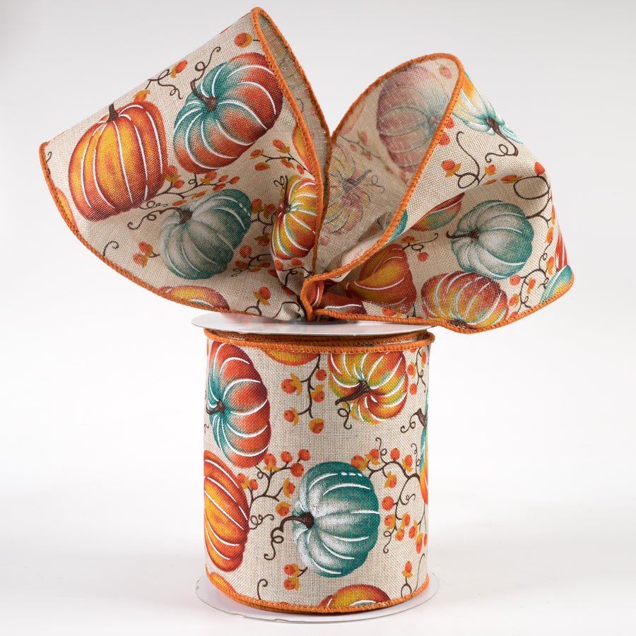4" Pumpkins Bittersweet Ribbon: Light Natural, Rust, Teal (10 Yards) Lifestyle Photo
