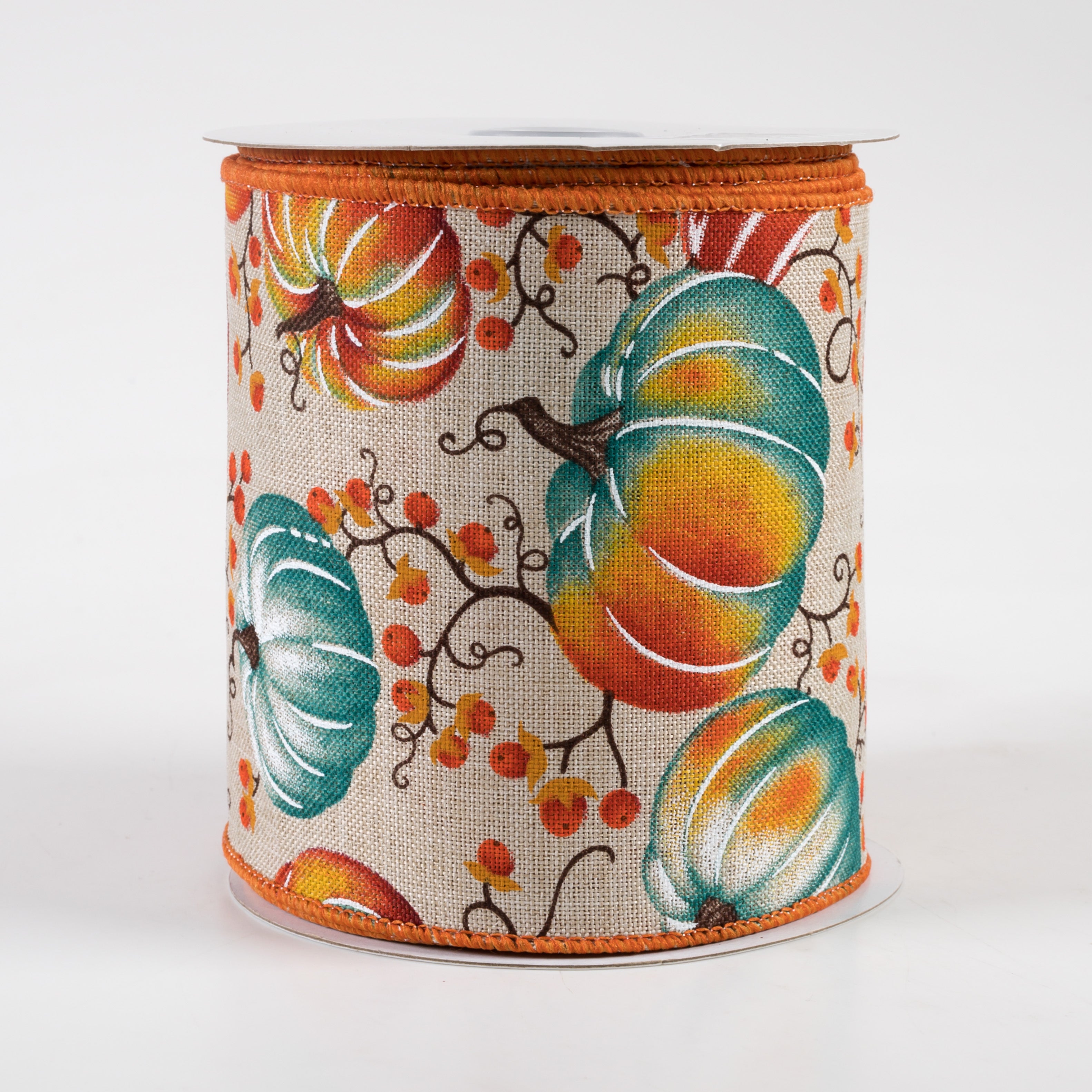 4" Pumpkins Bittersweet Ribbon: Light Natural, Rust, Teal (10 Yards)