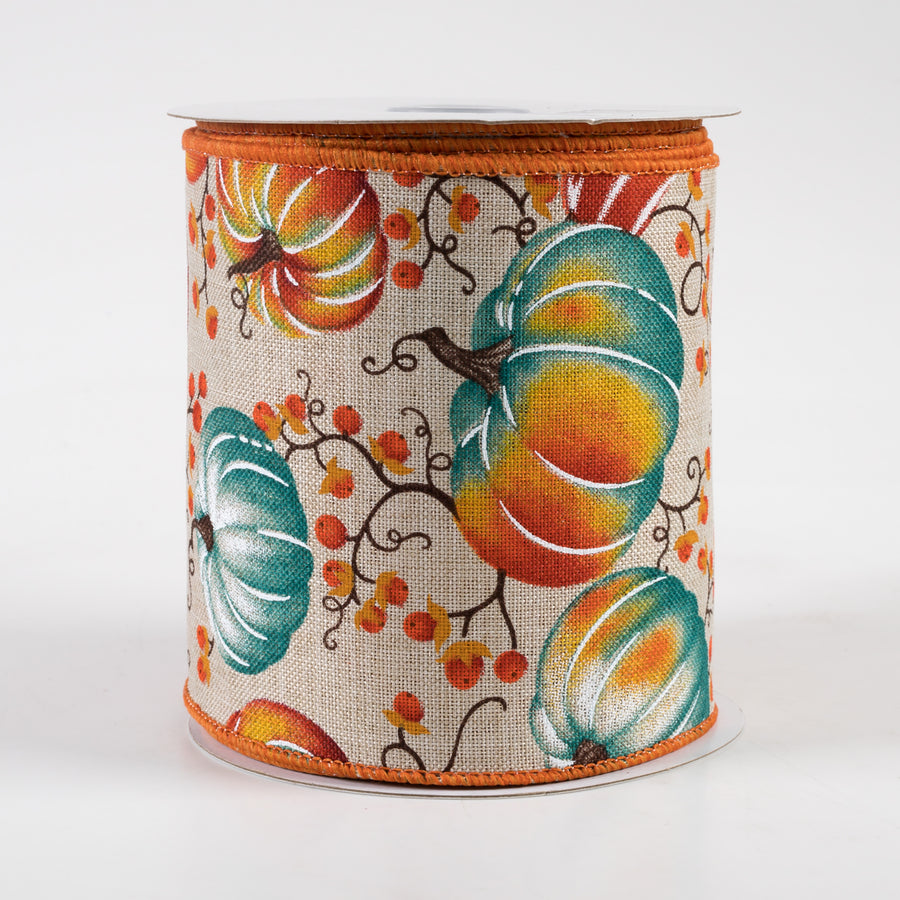 4" Pumpkins Bittersweet Ribbon: Light Natural, Rust, Teal (10 Yards)