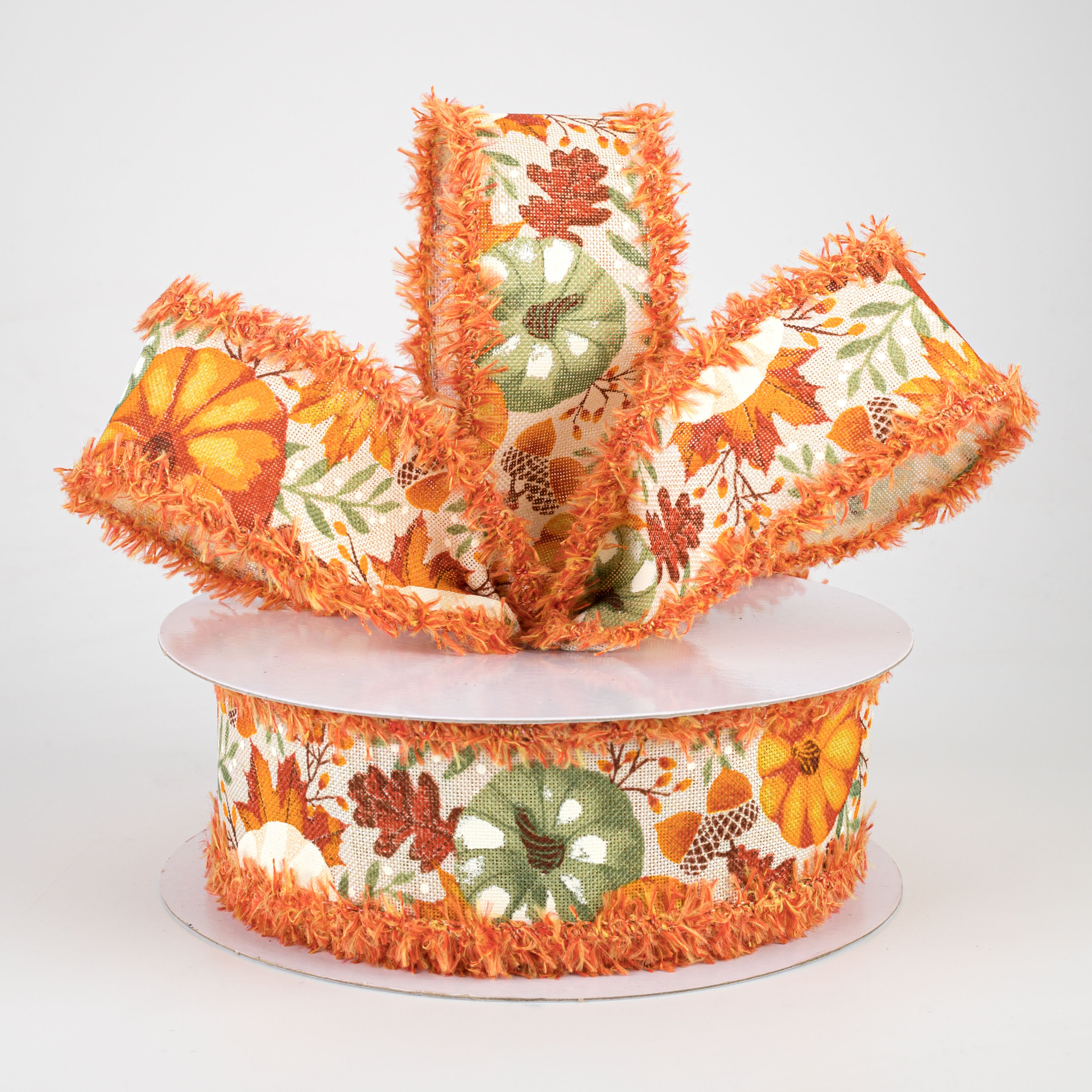1.5" Pumpkins & Fall Foliage Fuzzy Edge Ribbon: Orange & Sage Green (10 Yards) Lifestyle Photo