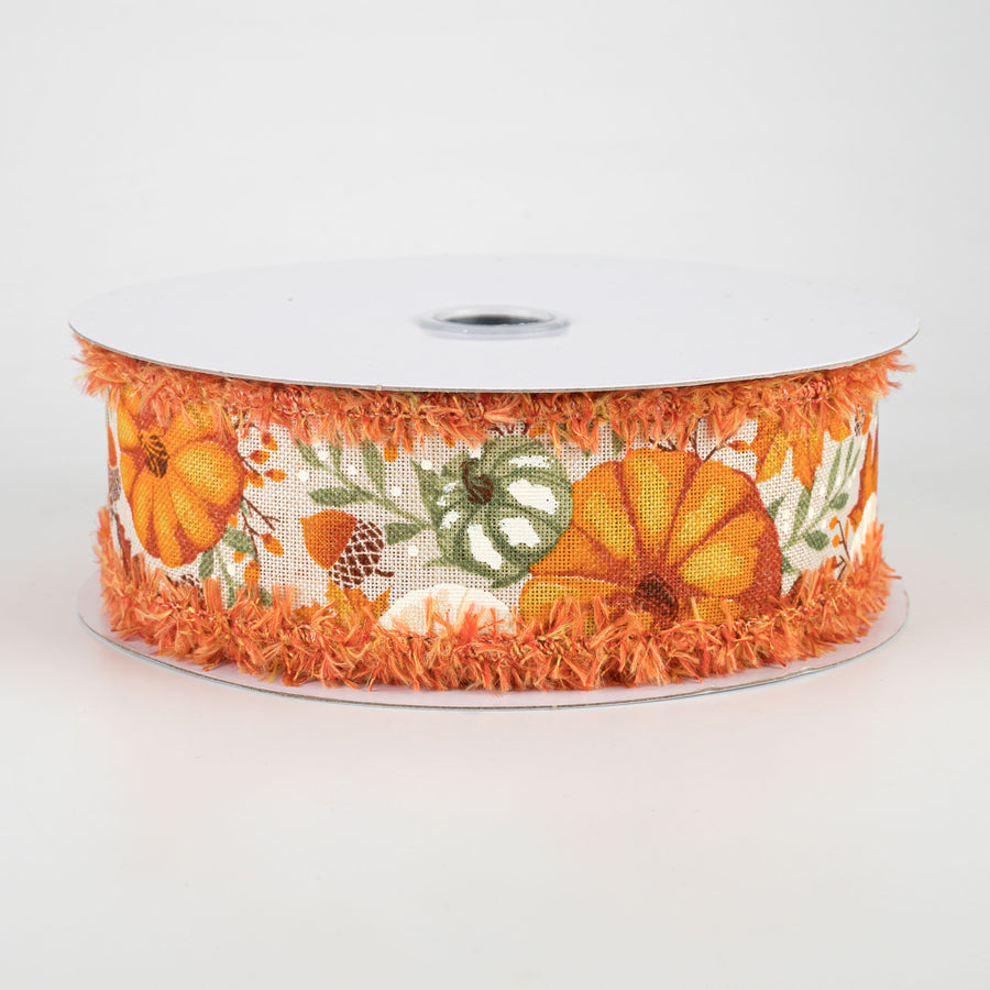 1.5" Pumpkins & Fall Foliage Fuzzy Edge Ribbon: Orange & Sage Green (10 Yards)