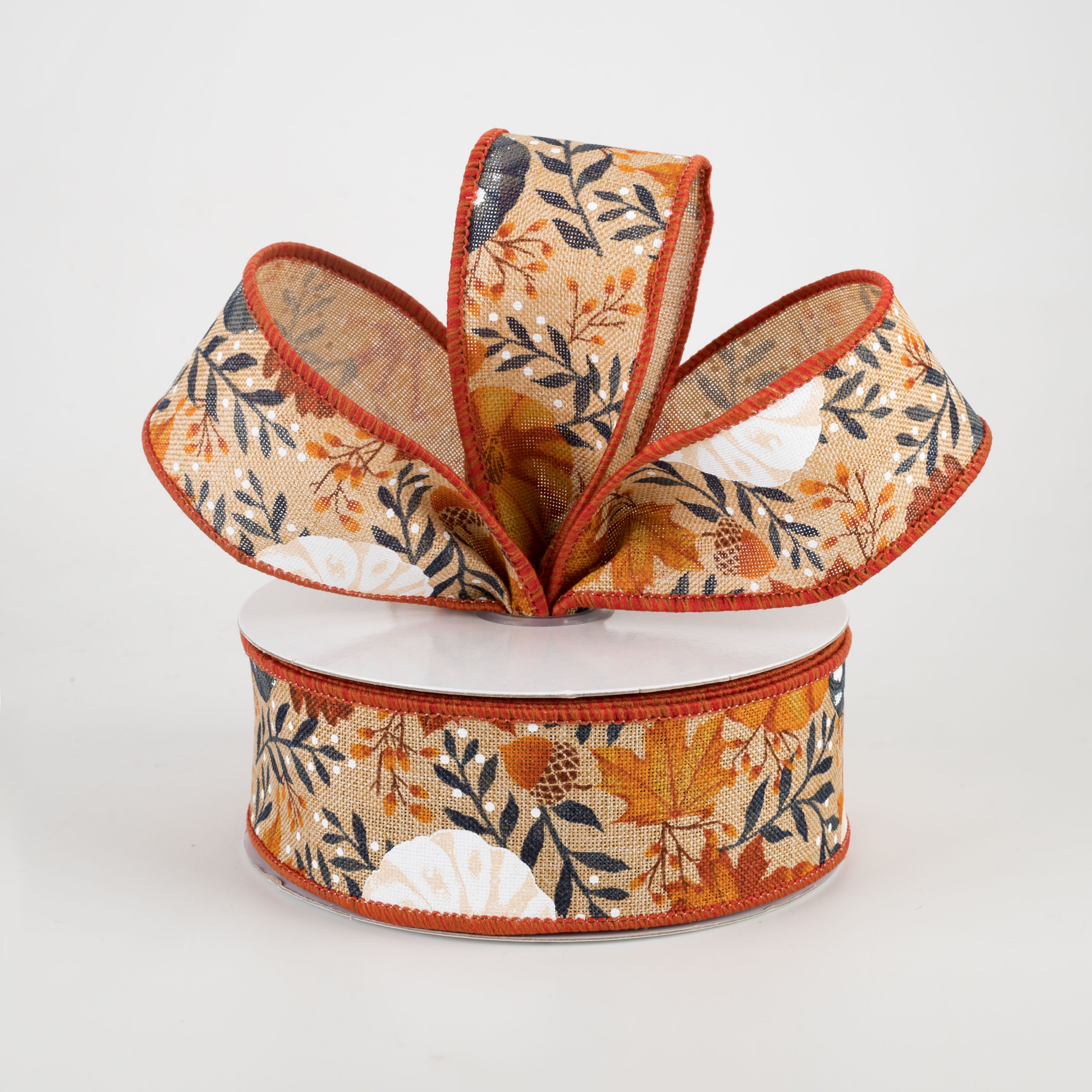 1.5" Pumpkins & Fall Foliage Ribbon: Beige, Orange, Navy, White (10 Yards) Lifestyle Photo