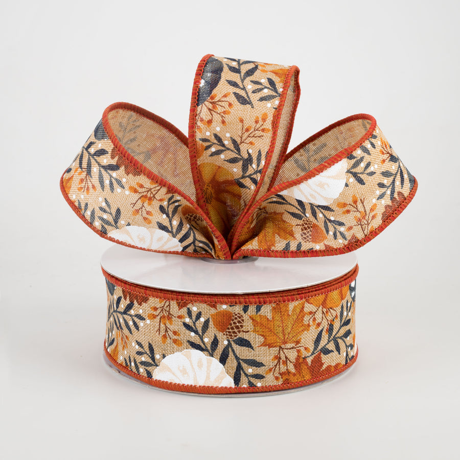 1.5" Pumpkins & Fall Foliage Ribbon: Beige, Orange, Navy, White (10 Yards) Lifestyle Photo