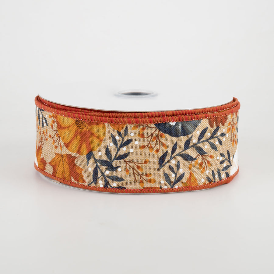 1.5" Pumpkins & Fall Foliage Ribbon: Beige, Orange, Navy, White (10 Yards)