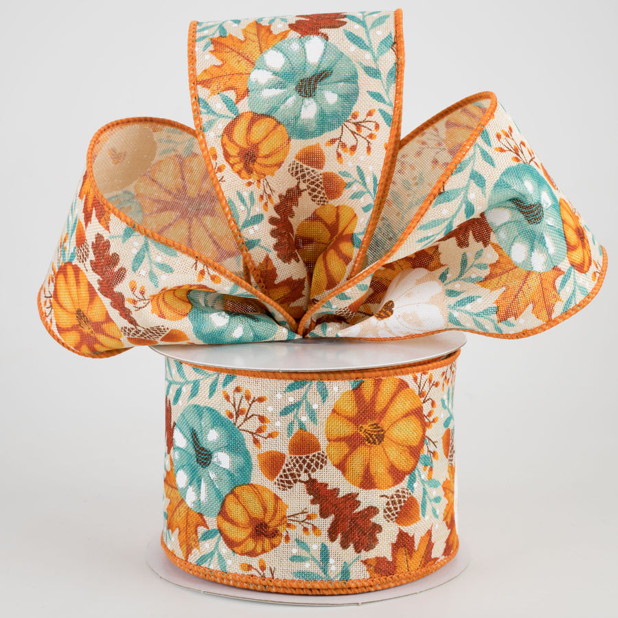 2.5" Pumpkins & Fall Foliage Ribbon: Cream, Mustard, Orange, Rust, Teal (10 Yards) Lifestyle Photo