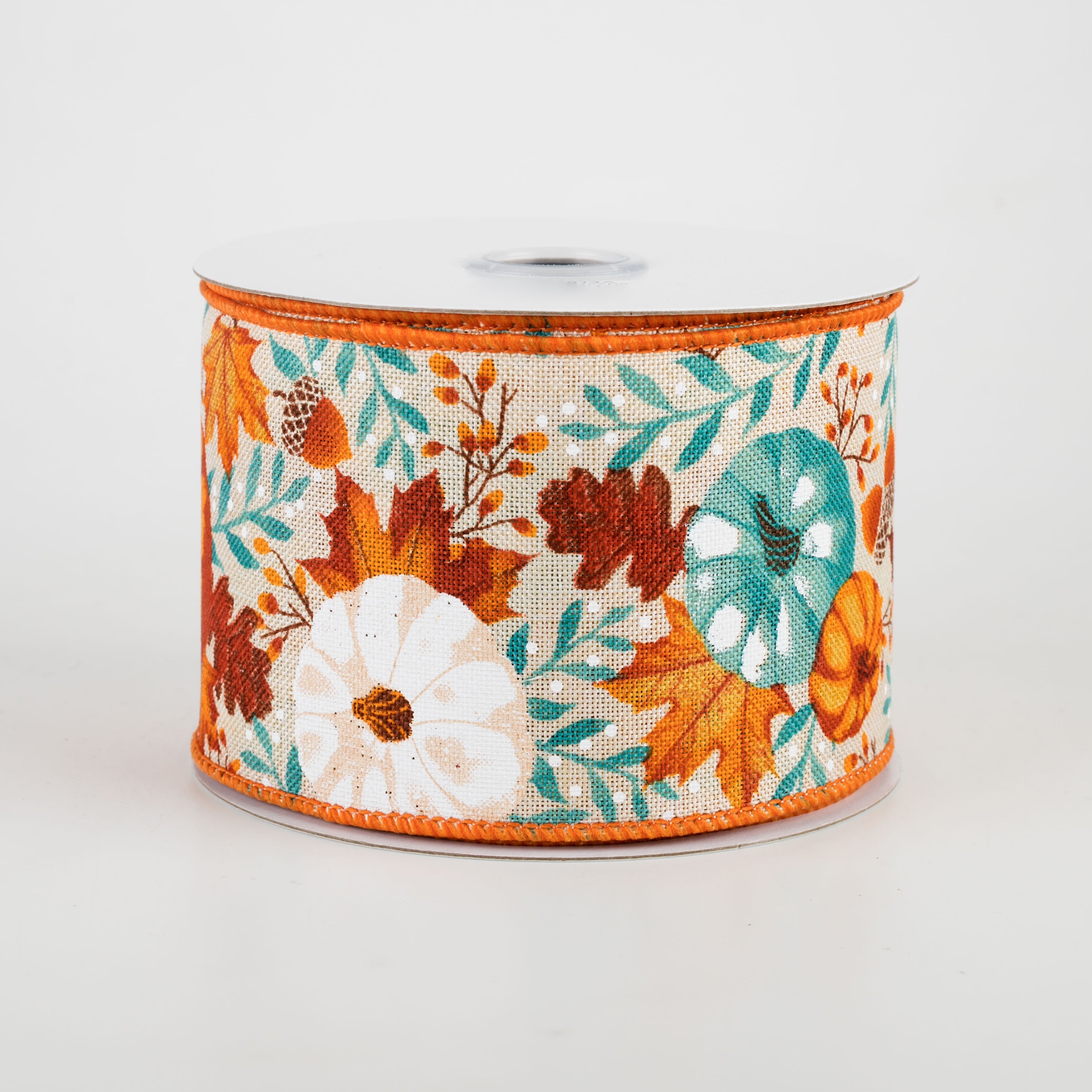 2.5" Pumpkins & Fall Foliage Ribbon: Cream, Mustard, Orange, Rust, Teal (10 Yards)