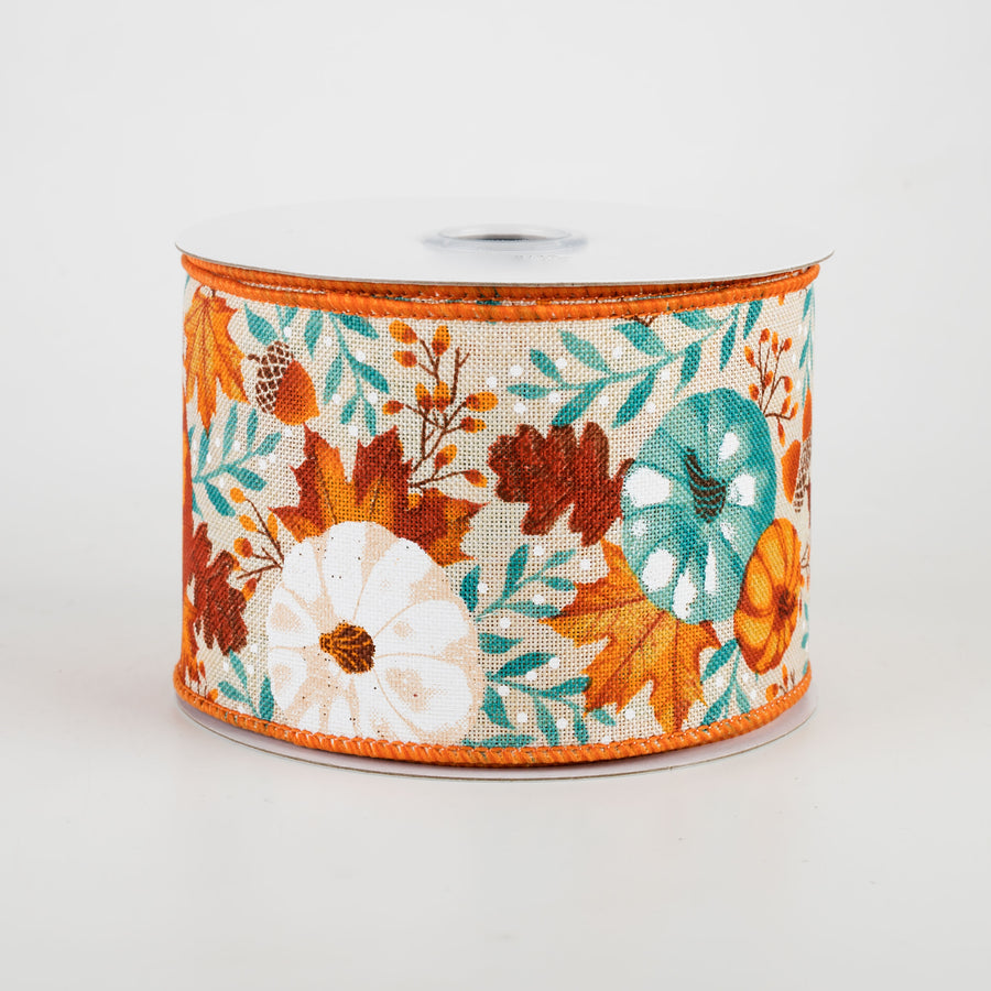 2.5" Pumpkins & Fall Foliage Ribbon: Cream, Mustard, Orange, Rust, Teal (10 Yards)