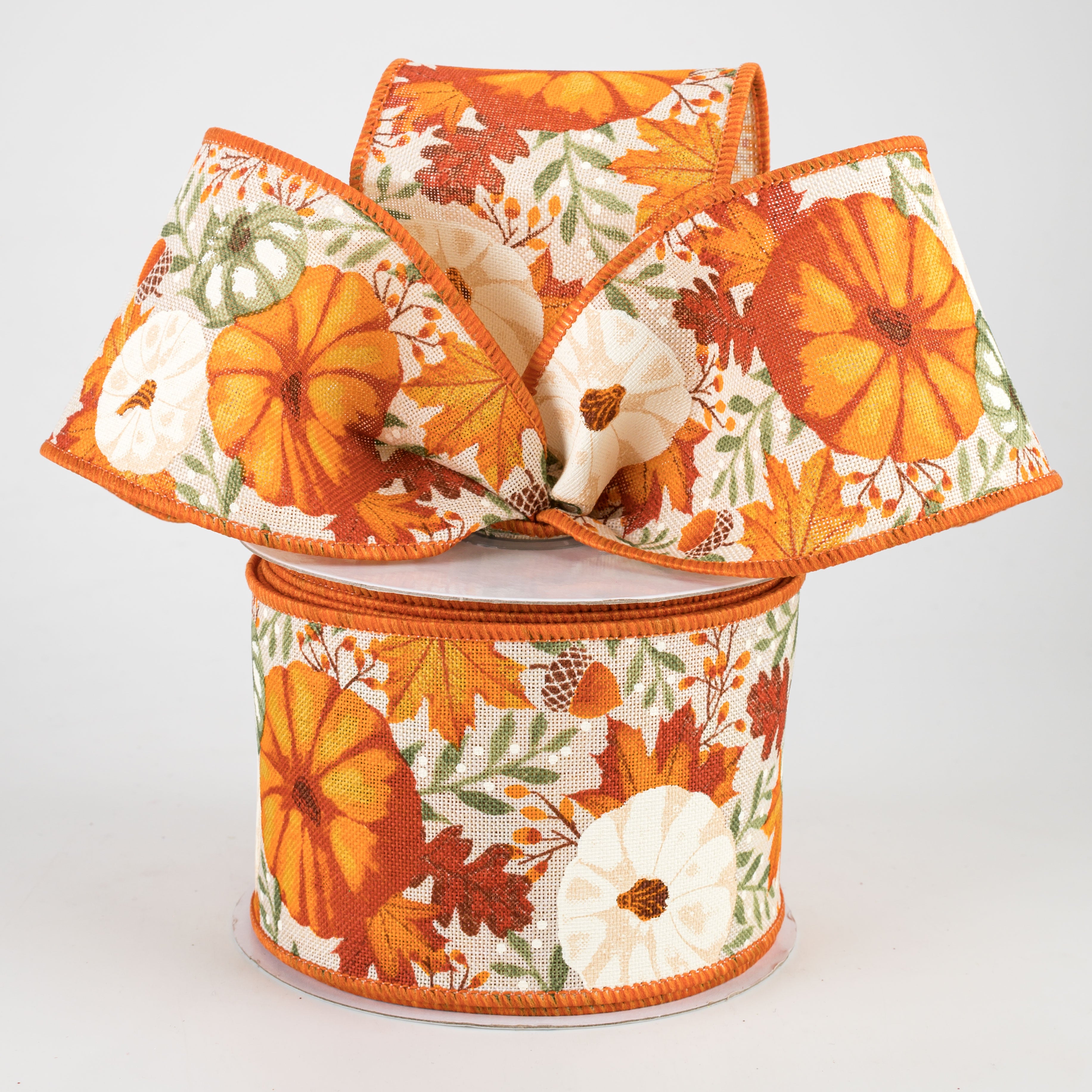 2.5" Pumpkins & Fall Foliage Ribbon: Cream, Orange, Sage Green (10 Yards) Lifestyle Photo