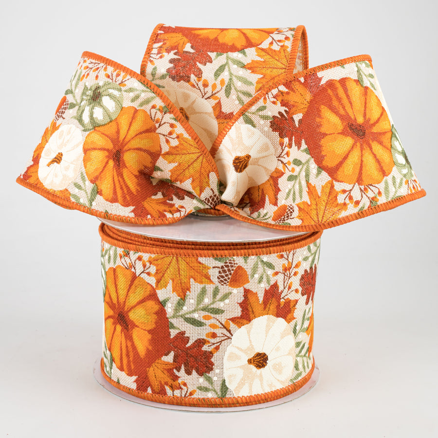 2.5" Pumpkins & Fall Foliage Ribbon: Cream, Orange, Sage Green (10 Yards) Lifestyle Photo