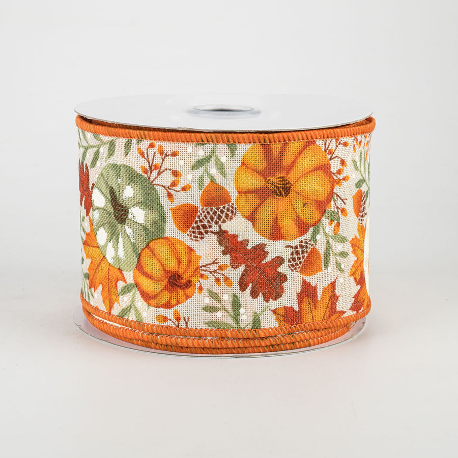 2.5" Pumpkins & Fall Foliage Ribbon: Cream, Orange, Sage Green (10 Yards)