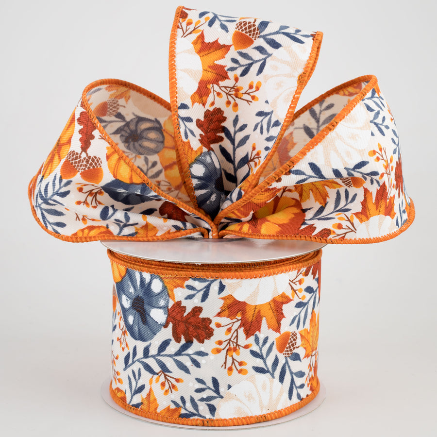 2.5" Pumpkins & Fall Foliage Ribbon: Ivory, Mustard, Orange, Navy (10 Yards) Lifestyle Photo