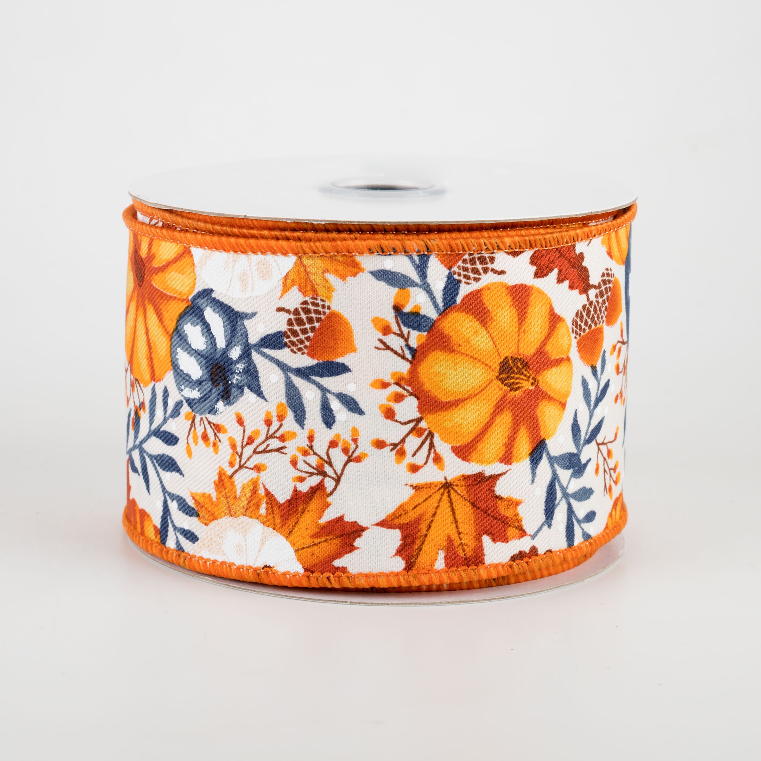 2.5" Pumpkins & Fall Foliage Ribbon: Ivory, Mustard, Orange, Navy (10 Yards)