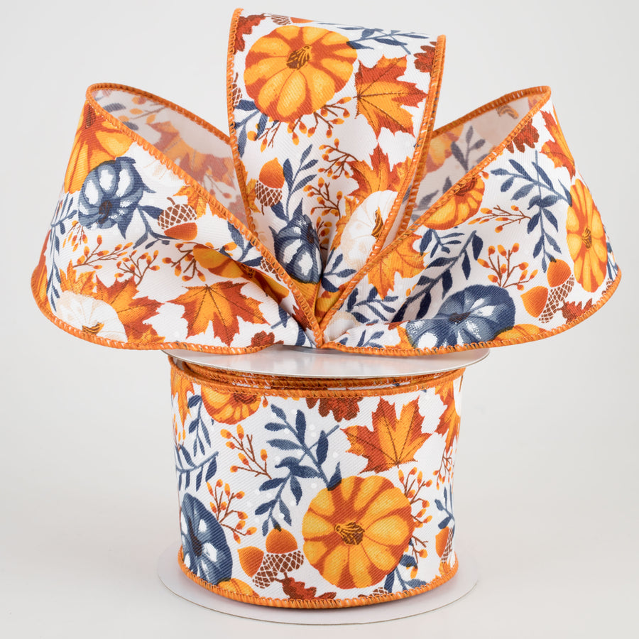 2.5" Pumpkins & Fall Foliage Ribbon: White, Mustard, Orange, Navy (10 Yards) Lifestyle Photo