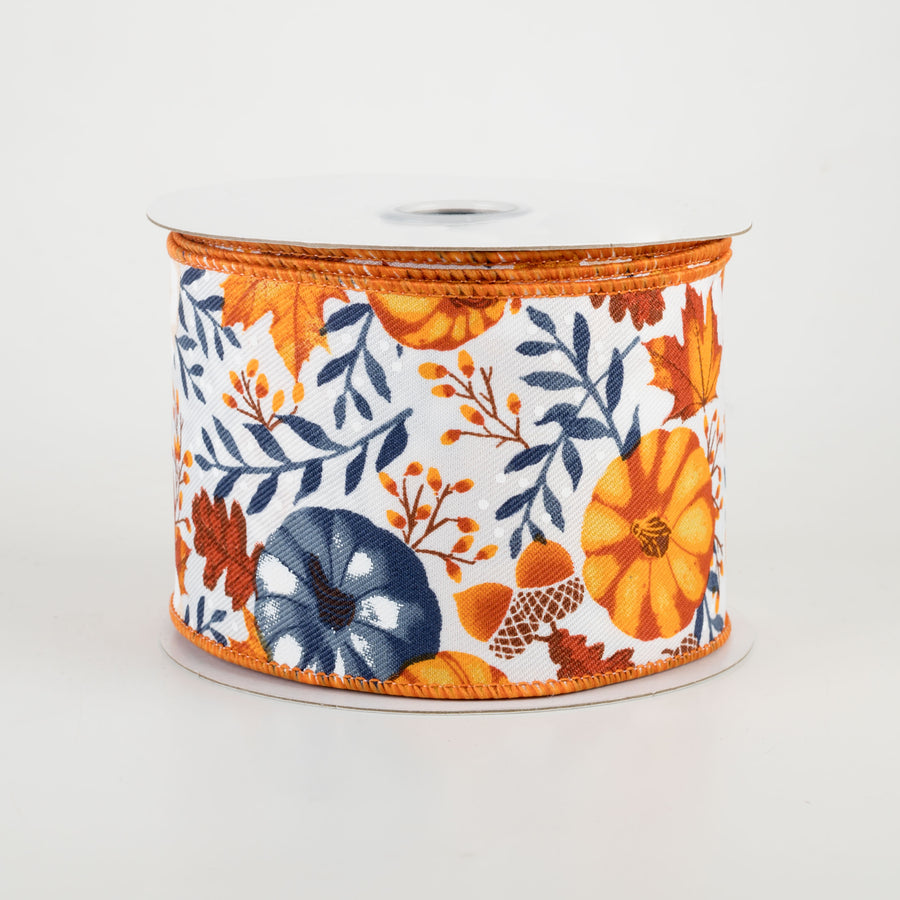2.5" Pumpkins & Fall Foliage Ribbon: White, Mustard, Orange, Navy (10 Yards)