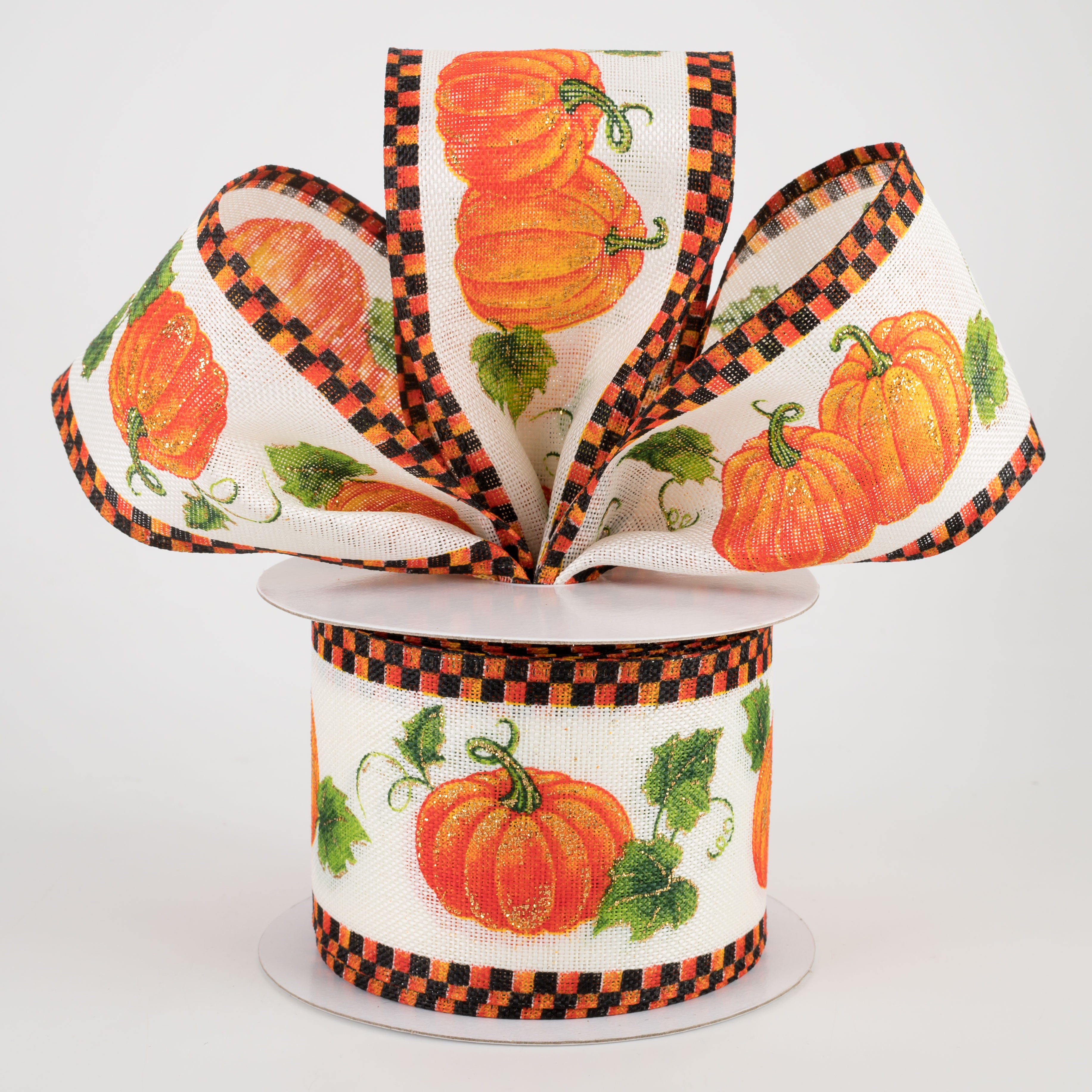 2.5" Pumpkins & Leaves Ribbon With Check Edge (10 Yards) Lifestyle Photo