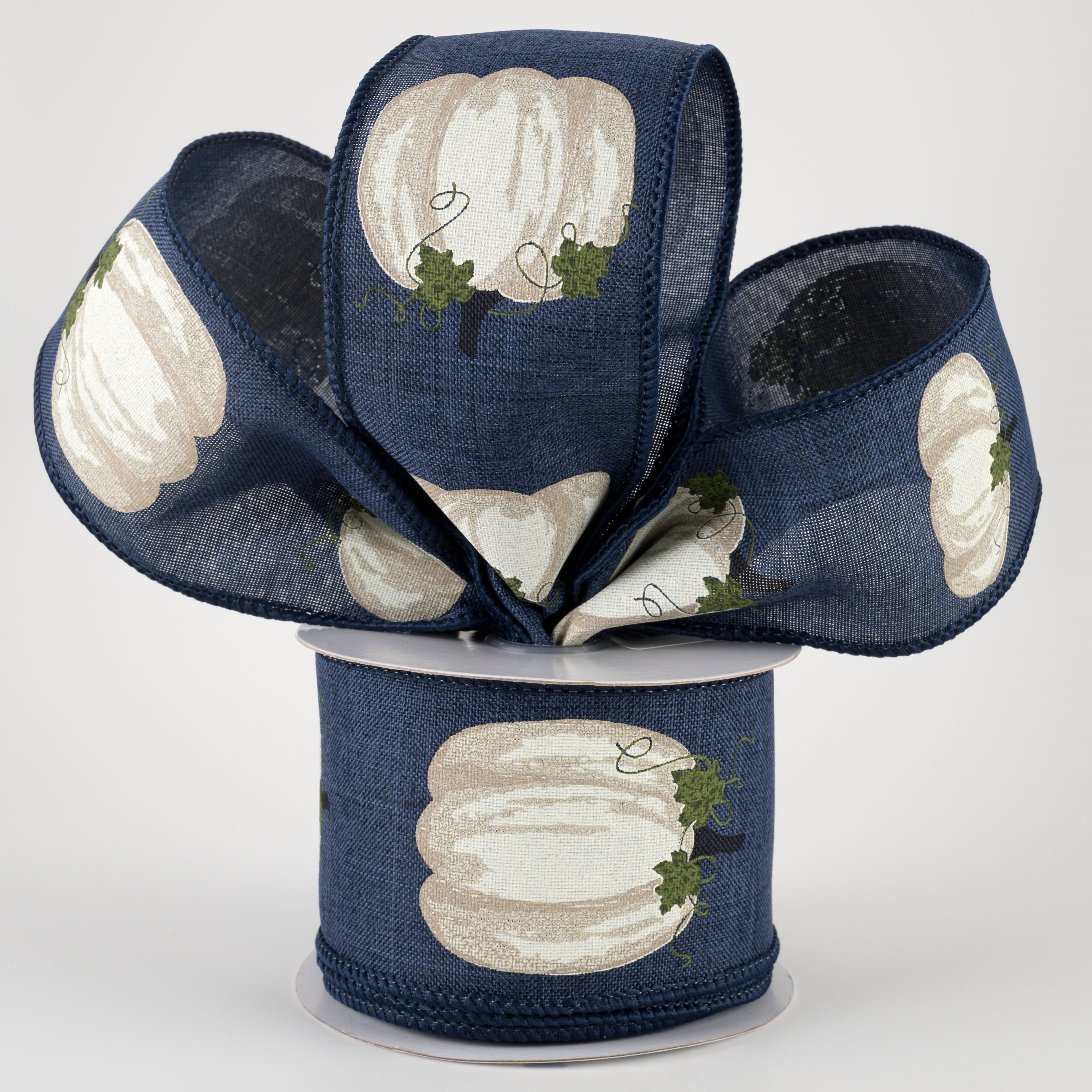 2.5" Pumpkins With Leaves Ribbon: Navy & Cream (10 Yards) Lifestyle Photo