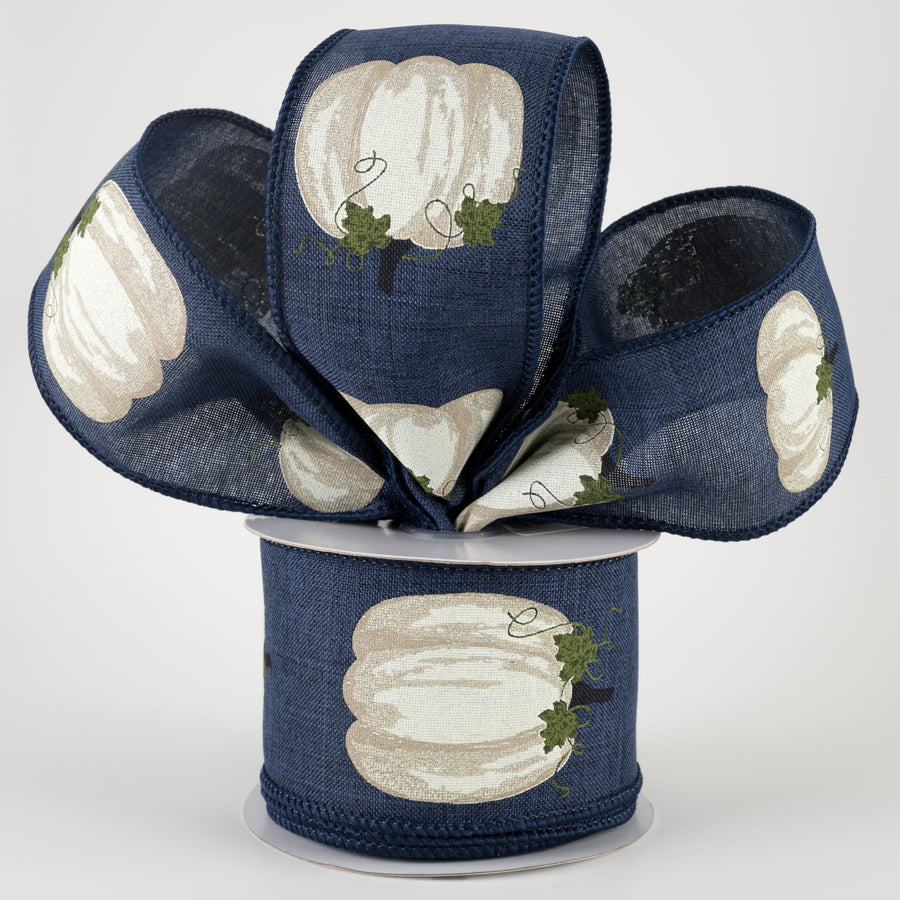 2.5" Pumpkins With Leaves Ribbon: Navy & Cream (10 Yards) Lifestyle Photo