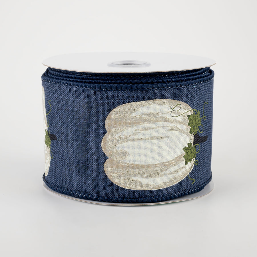 2.5" Pumpkins With Leaves Ribbon: Navy & Cream (10 Yards)