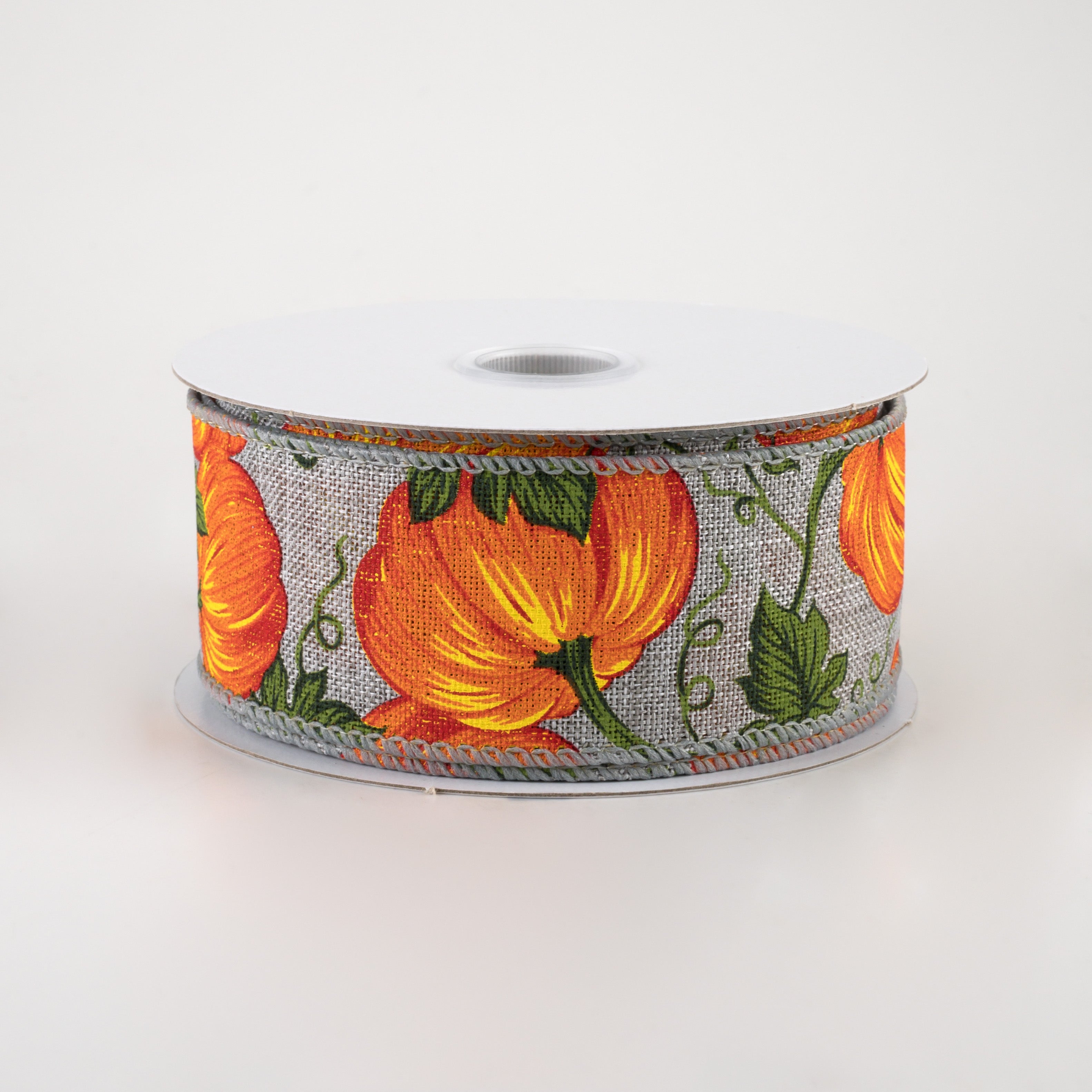 1.5" Pumpkins & Vines Linen Ribbon: Grey & Orange (10 Yards)