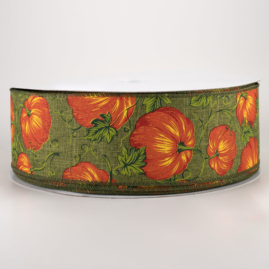 2.5" Pumpkins & Vines Linen Ribbon: Moss & Rust (50 Yards)