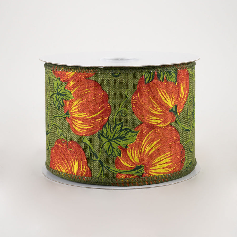2.5" Pumpkins & Vines Linen Ribbon: Moss & Rust (10 Yards) Item Number: 61218-40-08