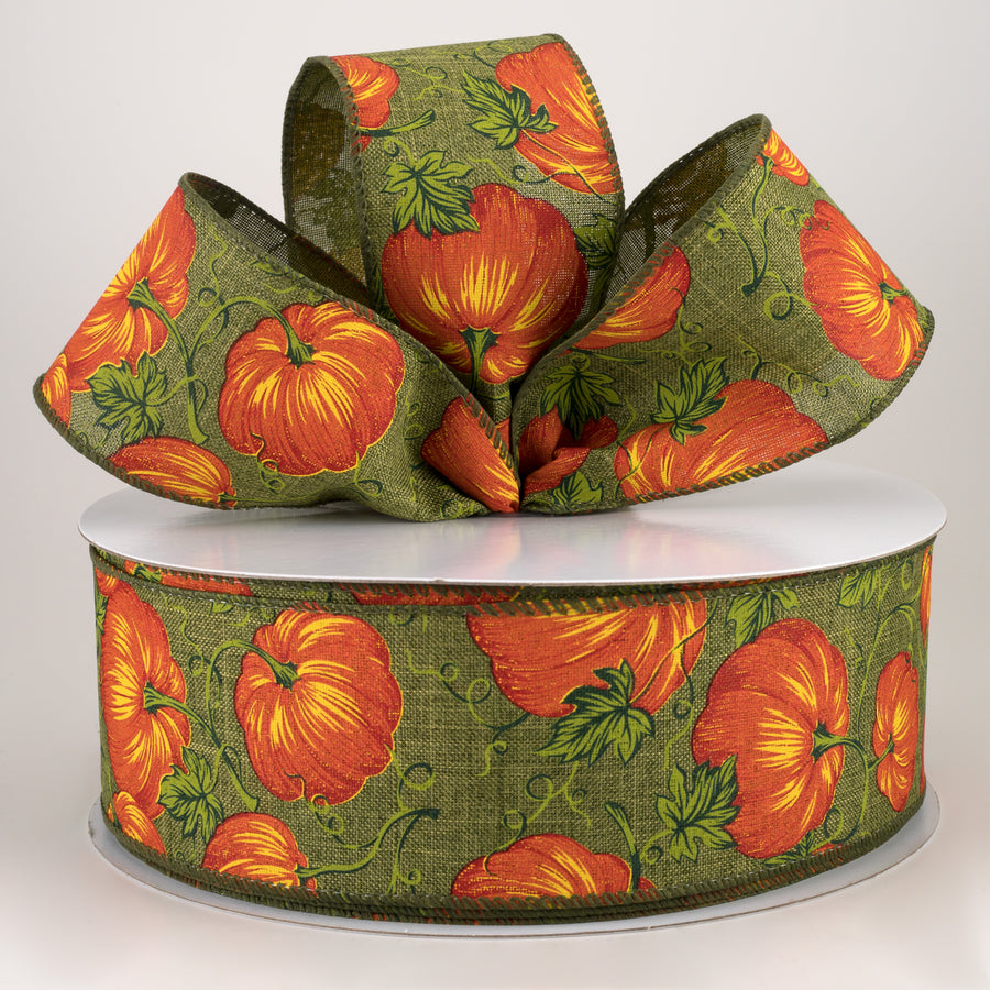 2.5" Pumpkins & Vines Linen Ribbon: Moss & Rust (50 Yards) Lifestyle Photo