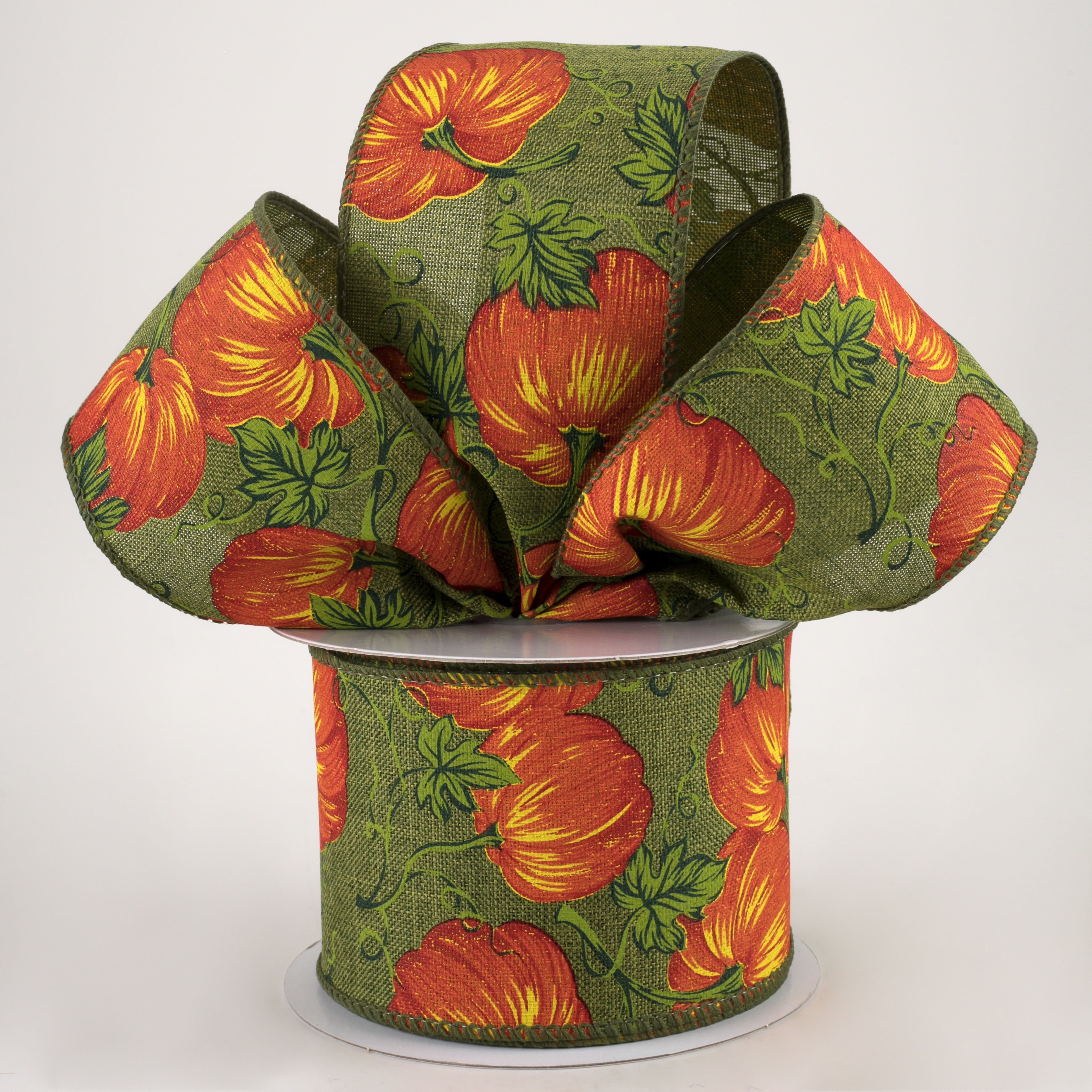 2.5" Pumpkins & Vines Linen Ribbon: Moss & Rust (10 Yards) Lifestyle Photo