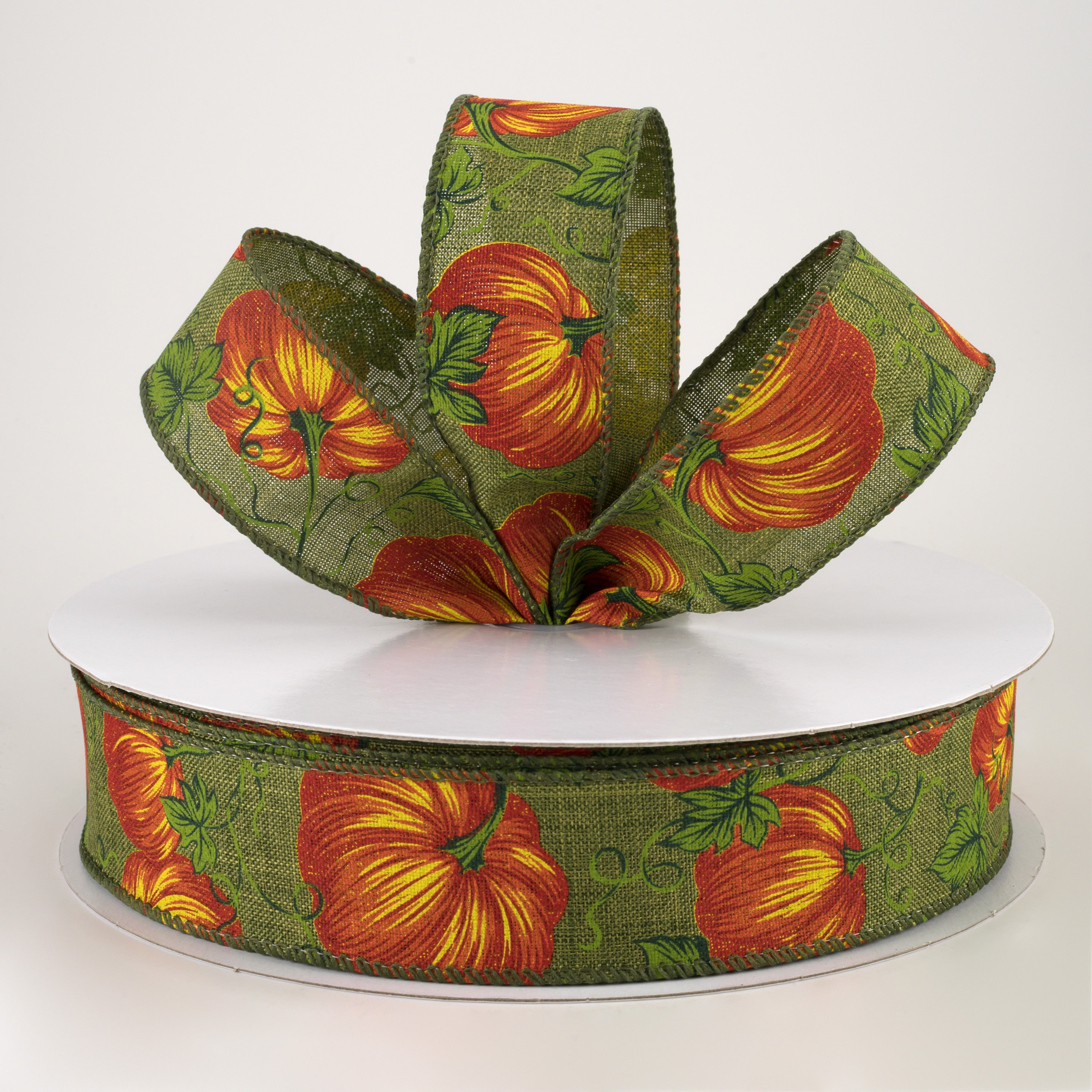 1.5" Pumpkins & Vines Linen Ribbon: Moss & Rust (50 Yards) Lifestyle Photo