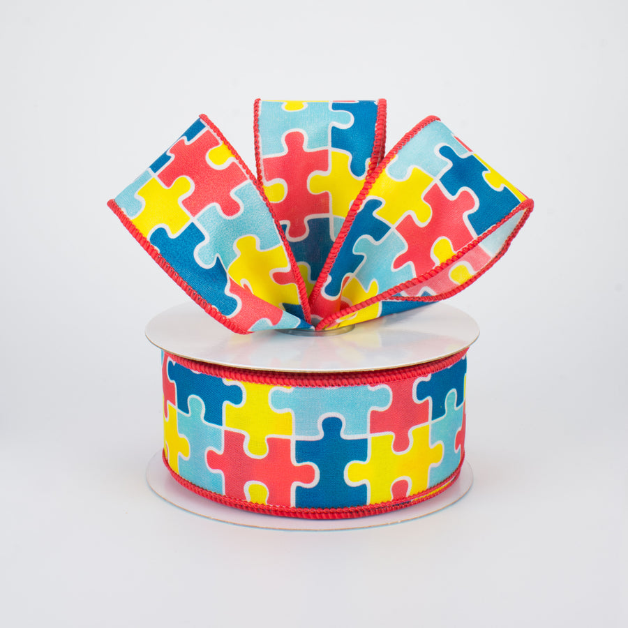 1.5" Puzzle Pieces Ribbon: Multi-Colored (10 Yards) Lifestyle Photo