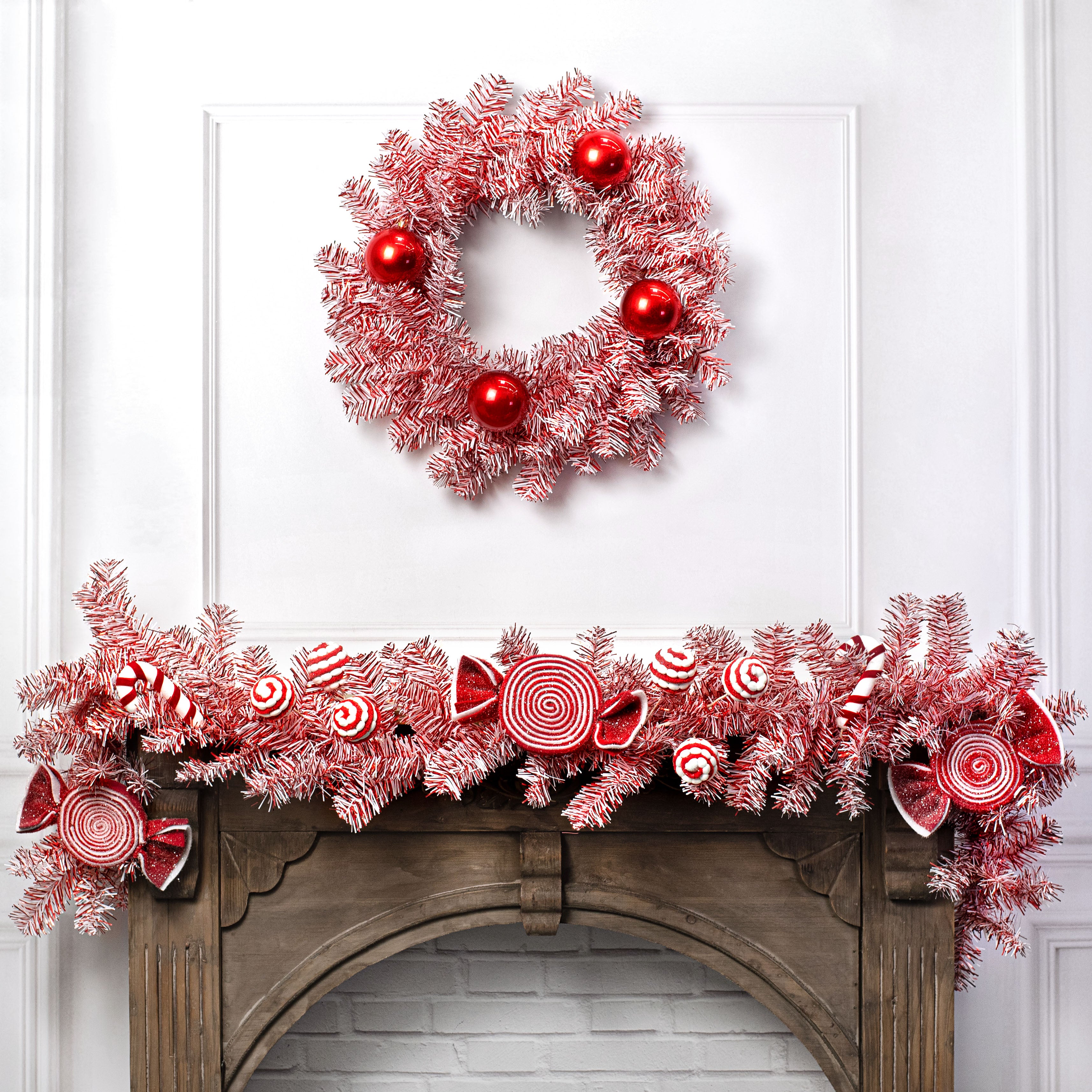24" PVC Pine Wreath: Red & White Lifestyle Photo