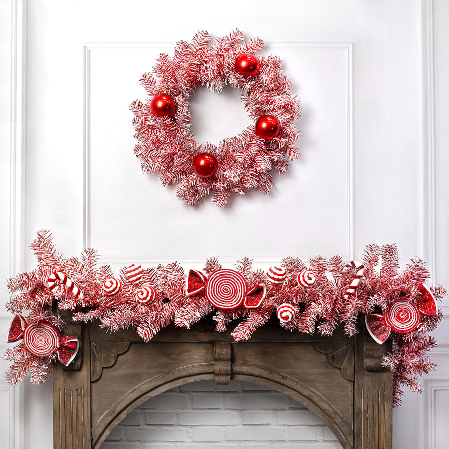 24" PVC Pine Wreath: Red & White Lifestyle Photo