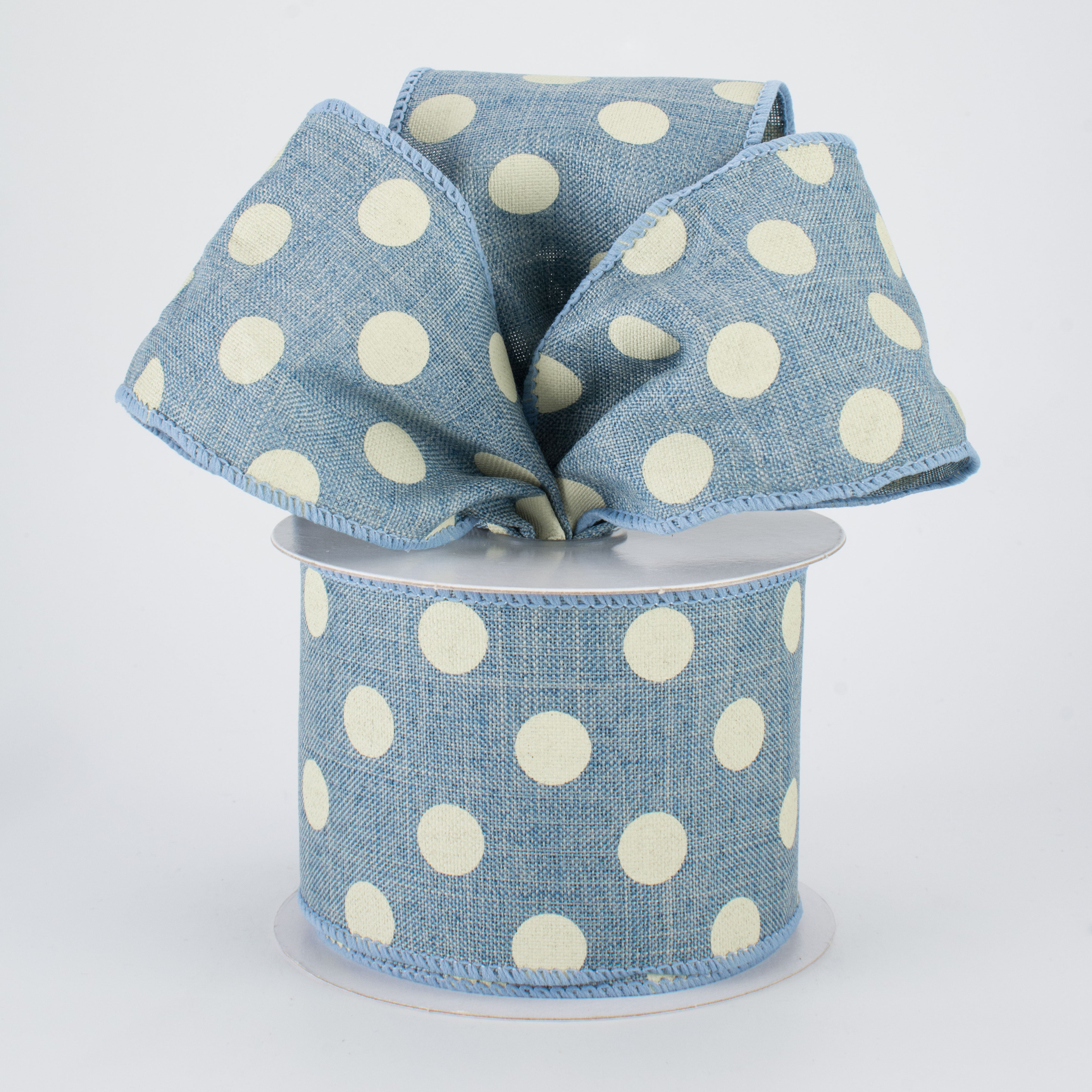 2.5" Linen Polka Dot Ribbon: White on Blue Chambray (10 Yards)