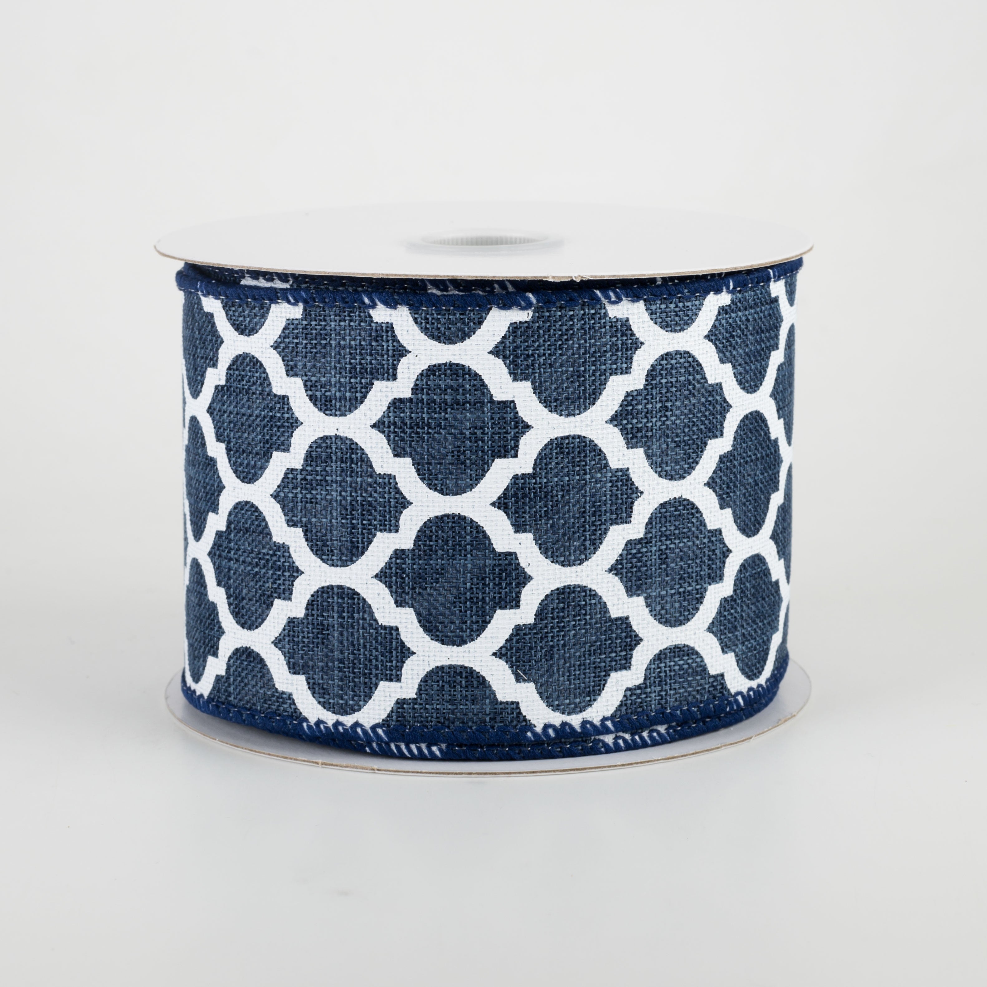 2.5" Canvas Quatrefoil Lattice Ribbon: Navy & White (10 Yards)