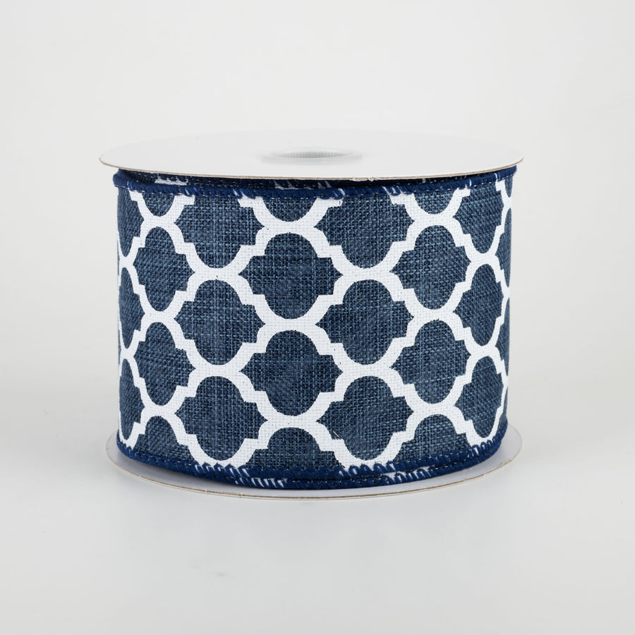 2.5" Canvas Quatrefoil Lattice Ribbon: Navy & White (10 Yards)