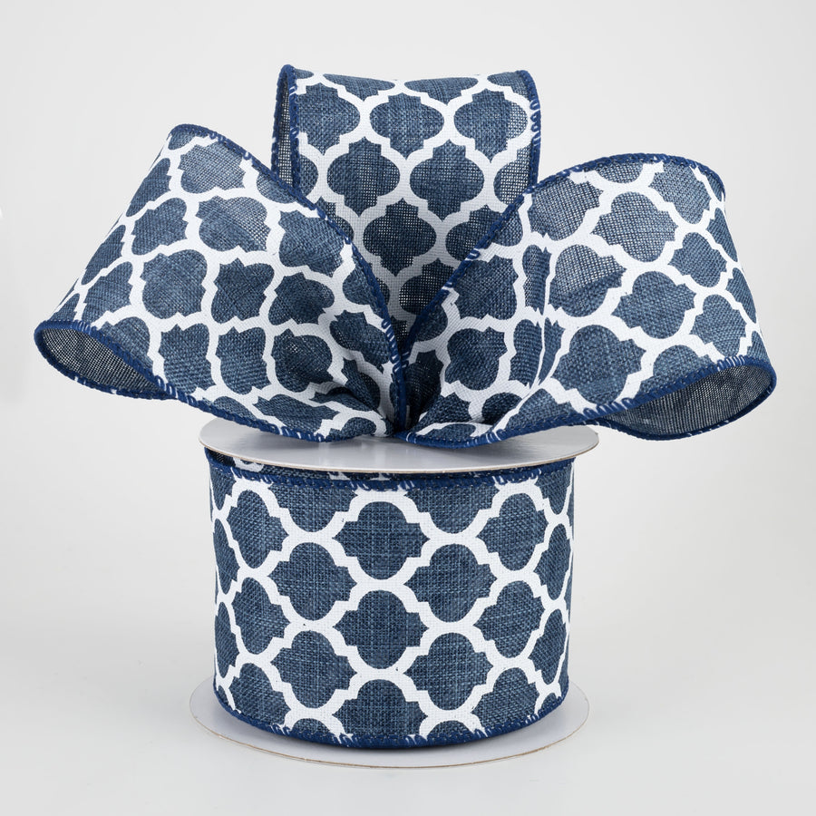 2.5" Canvas Quatrefoil Lattice Ribbon: Navy & White (10 Yards)