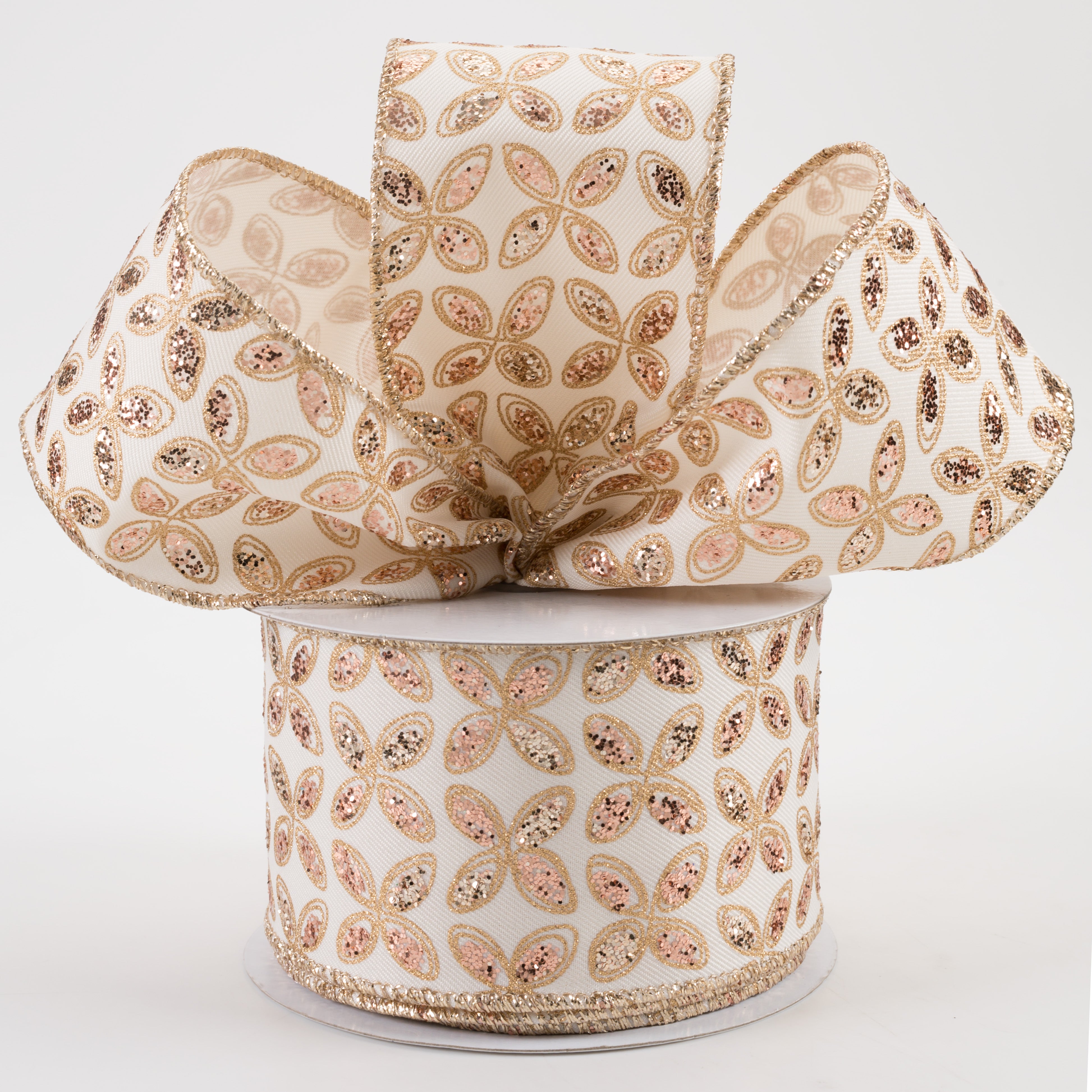 2.5" Quatrefoil Petals Ribbon: Ivory, Rose, Champagne, Gold (10 Yards) Lifestyle Photo