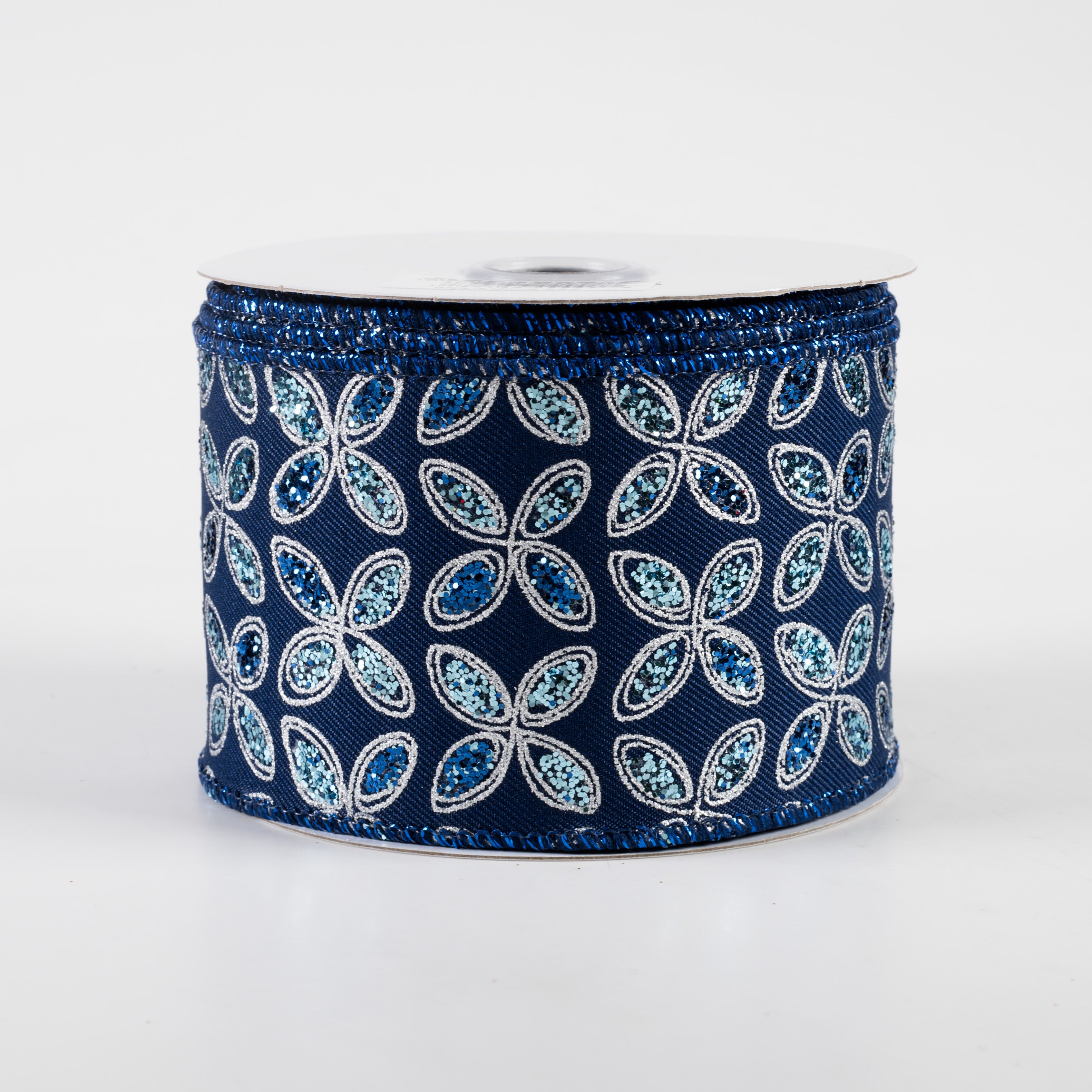 2.5" Quatrefoil Petals Ribbon: Navy Blue, Blue, Silver (10 Yards)