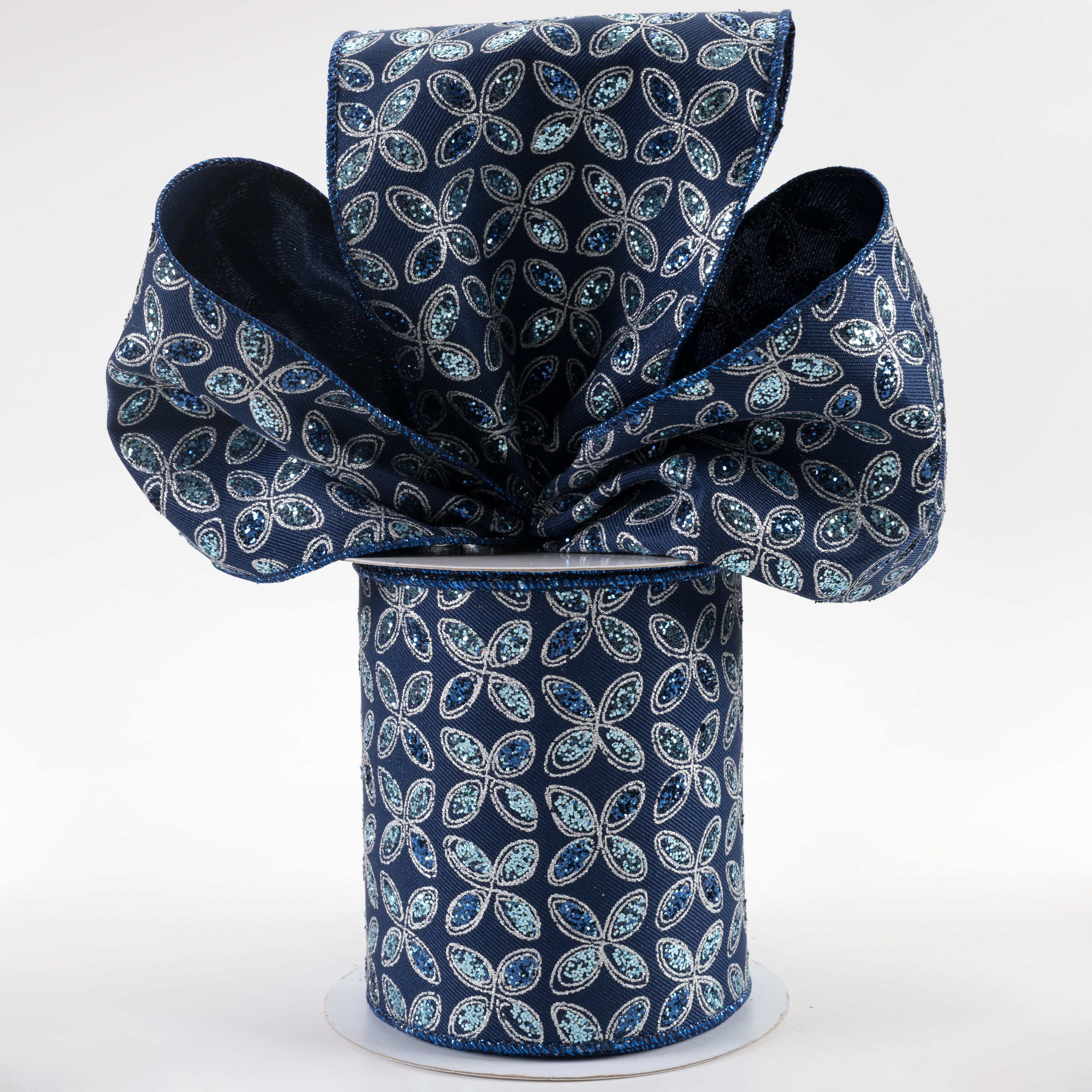 4" Quatrefoil Petals Ribbon: Navy Blue, Blue, Silver (10 Yards) Lifestyle Photo
