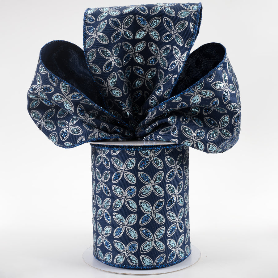 4" Quatrefoil Petals Ribbon: Navy Blue, Blue, Silver (10 Yards) Lifestyle Photo