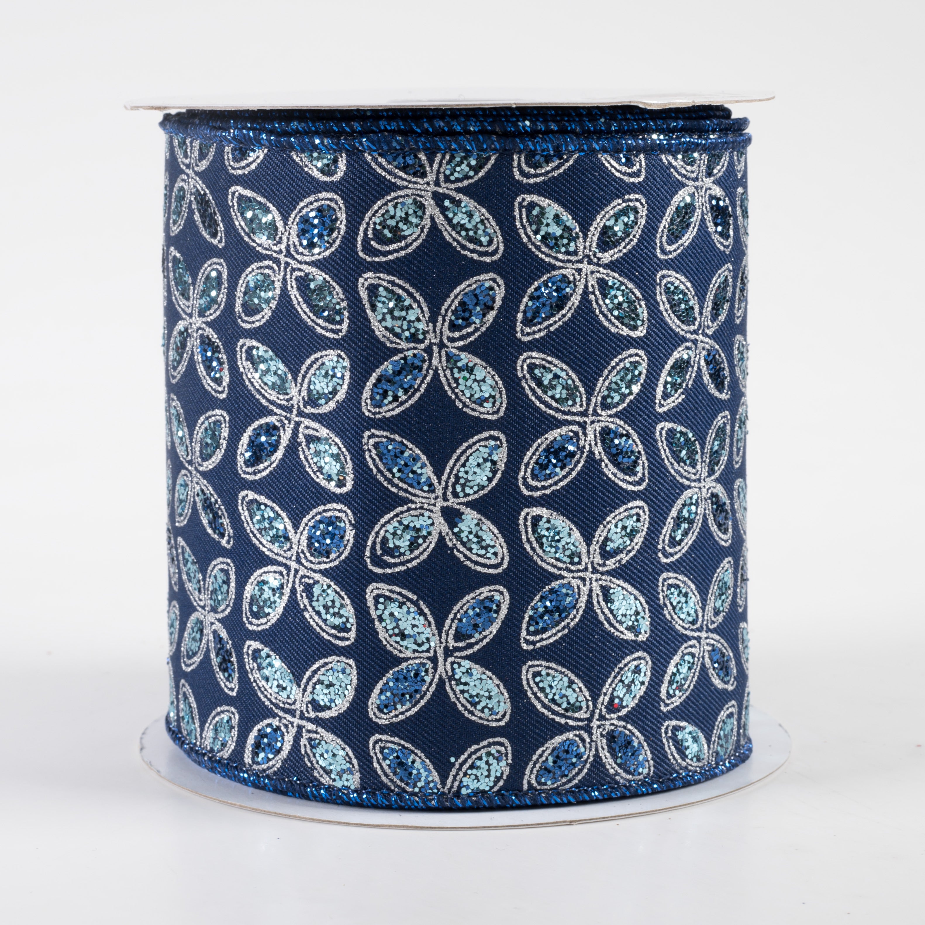 4" Quatrefoil Petals Ribbon: Navy Blue, Blue, Silver (10 Yards)