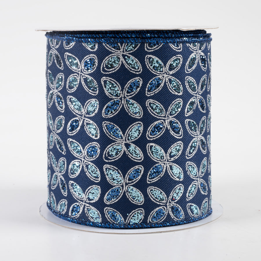 4" Quatrefoil Petals Ribbon: Navy Blue, Blue, Silver (10 Yards)